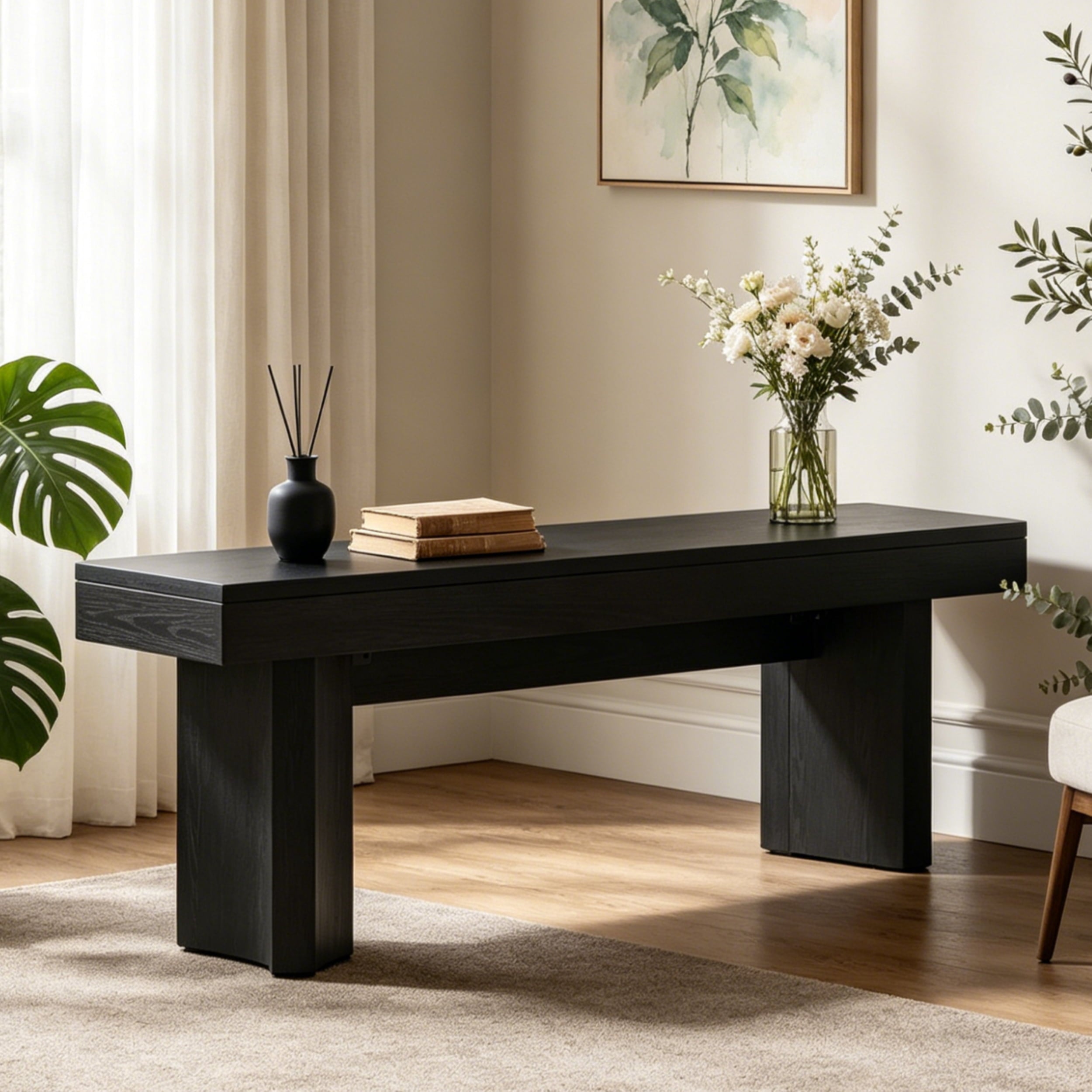 Fnova 47.24" Entryway Bench, Farmhouse Wooden Shoe Bench, Indoor End of Bed Stool for 1-2, Long Kitchen Table Seat Dining Seat for Entryway, Hallway, Living Room,Black