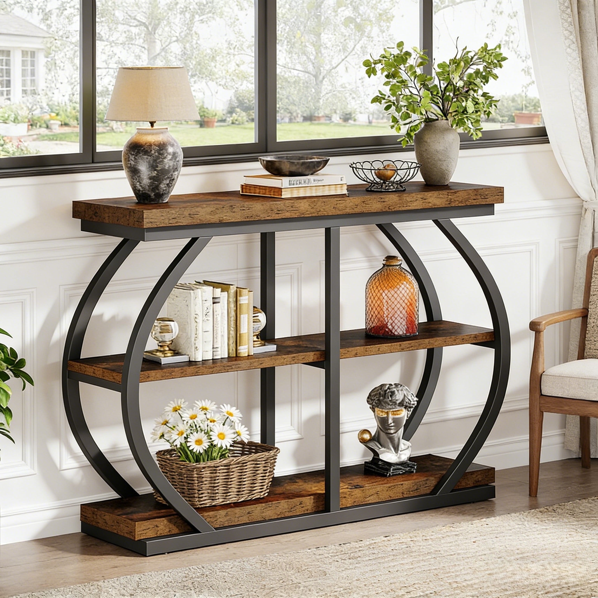 Fnova 41.3" Industrial Console Table, 3-Tier Entryway Table with Arched Metal Frame, Storage Shelves, Easy Assembly, for Living Room, Hallway,Brown