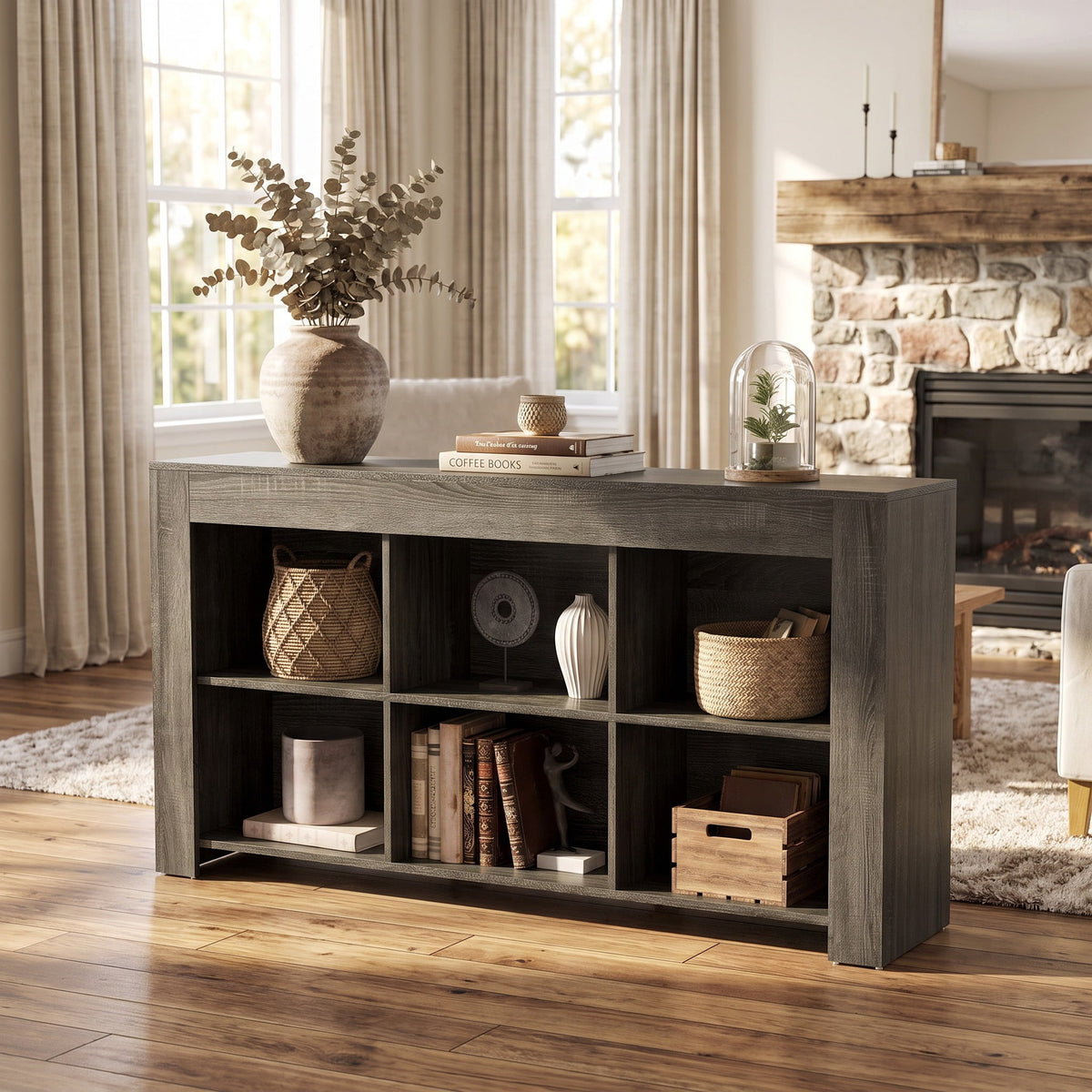 Fnova 63-Inch 6-Cube Open Cubby Console Table, Engineered Wood Multipurpose Sofa Table for Entryway Hallway Living Room TV Decor,WM010971_G_US