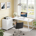Fnova 53.15" L-shaped Computer Desk with 3 Drawers, Wood Tabletop, Metal Frame Office Desk, White,White