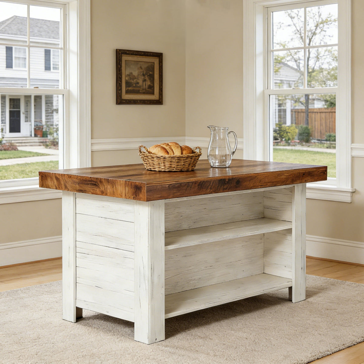 Fnova 55-Inch Farmhouse Kitchen Island with Storage, Wooden Kitchen Table with 2-Tier Storage Shelves & Large Worktop, Modern Large Counter Height Table for Kitchen Prep & Dining,WM010230M_BNW_US