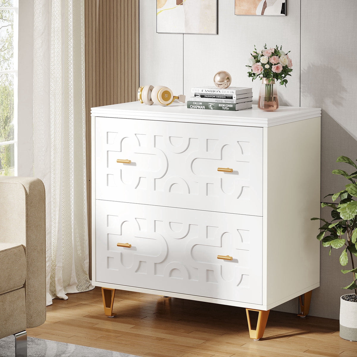 Fnova 2-Drawer Cabinet, Bedside Table with Quiet Gliding Rails & Gold Handles, Storage End Table for Bedroom, Kitchen, Dining Room, Living Room, Easy Assembly,WM011328_W_Cabinet