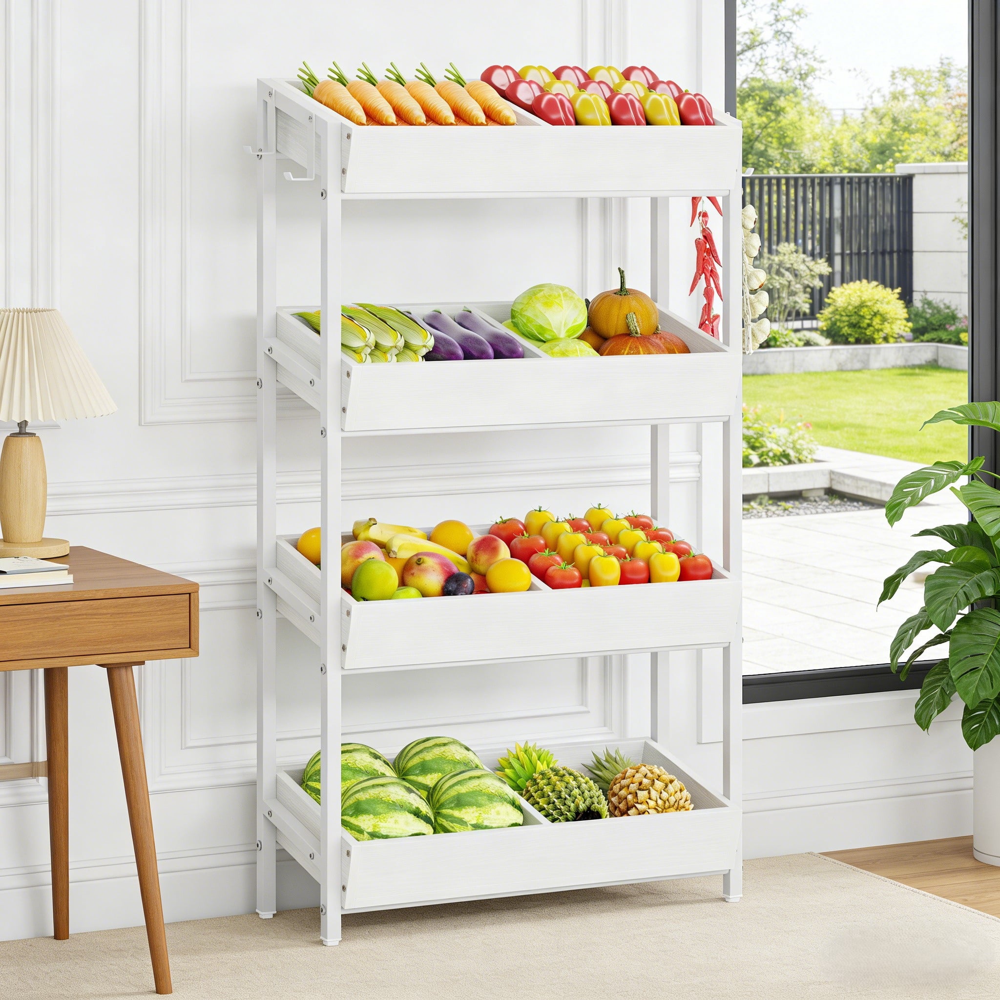 Fnova 55.1" 4-Tier Storage Shelf, Wooden Kitchen Rack, Fruit & Vegetable Organizer Shelf for Snacks, Kitchen Storage Shelving Unit,White