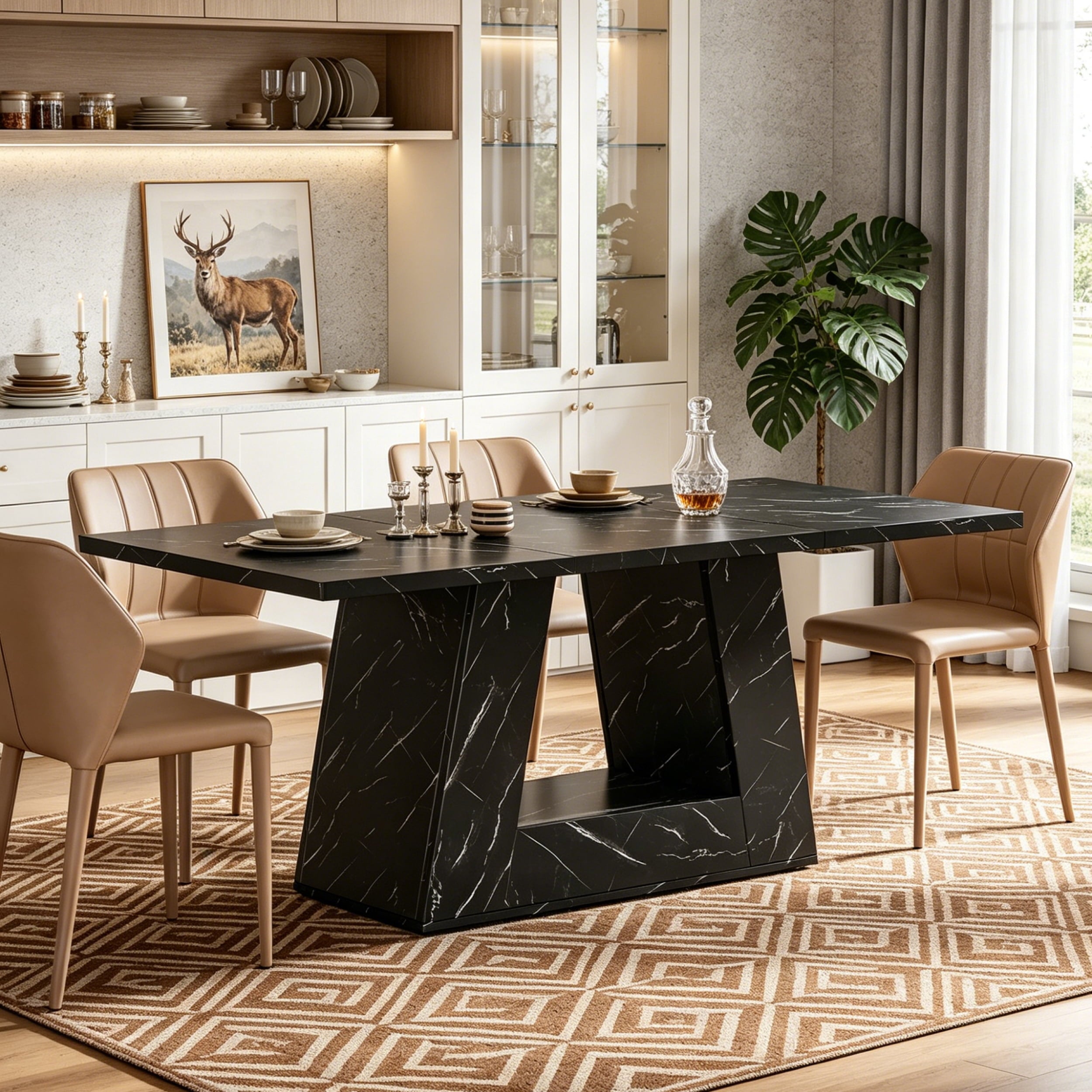 Fnova 63" Modern Long Dining Table for 6 people, Rectangular Geometric Artificial Marble Kitchen Table for Dining Room, Black,Black