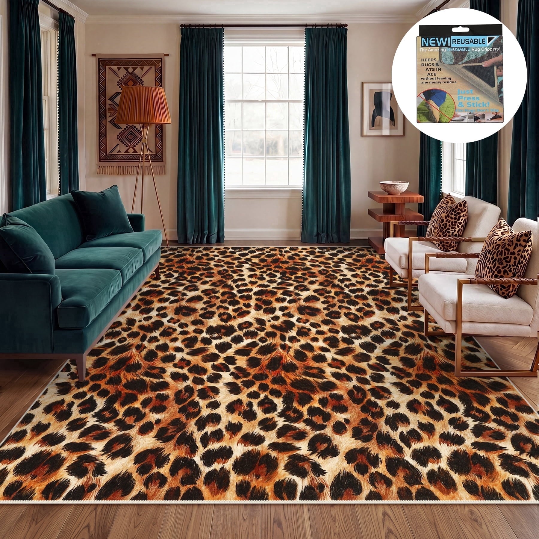 Fnova Leopard Print Area Rug, 8-Ft x 10-Ft Machine Washable Non Slip Rug for Living Room Bedroom Kitchen, Low Pile Indoor Carpet,WM011603_BN8_US