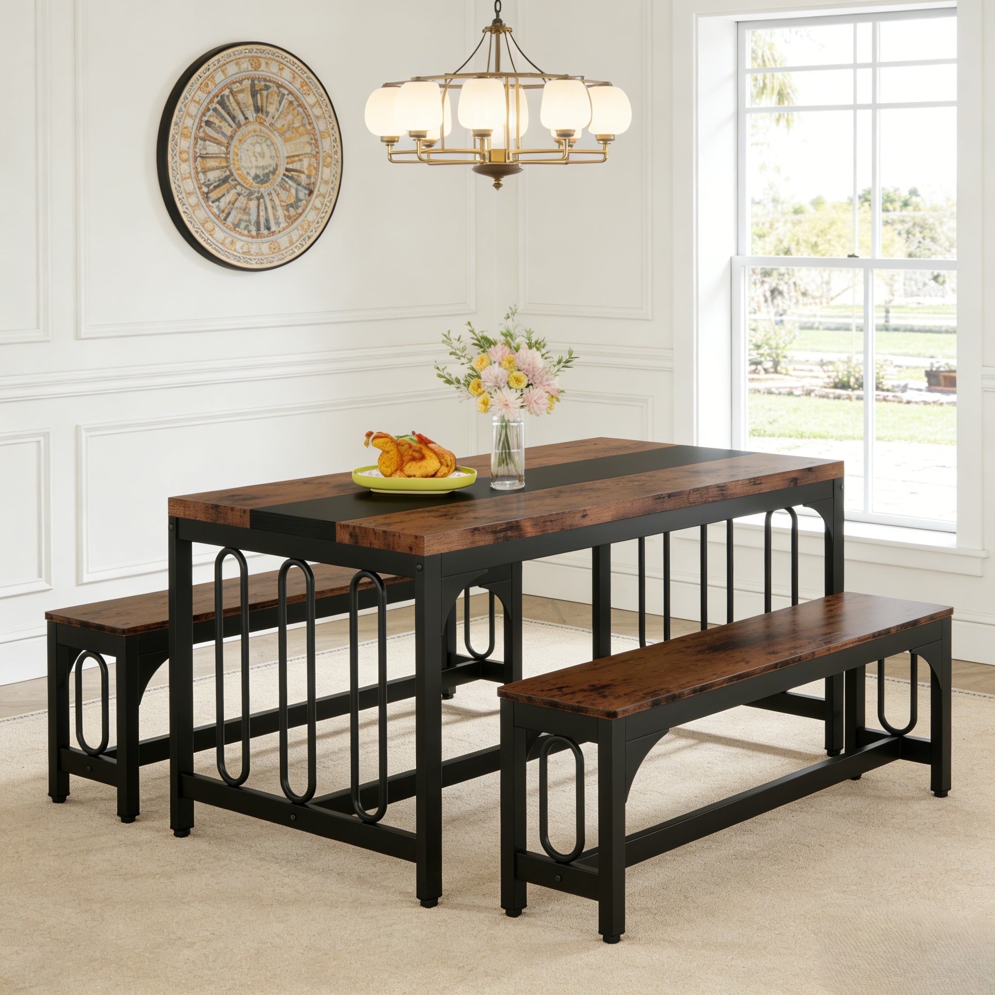Fnova 55.11-Inch Modern Dining Table Set for 4 with 2 Benches, 3-Piece Dining Room Set, Wood Tabletop, Metal Frame, Brown,WM010206C_BN_Tables