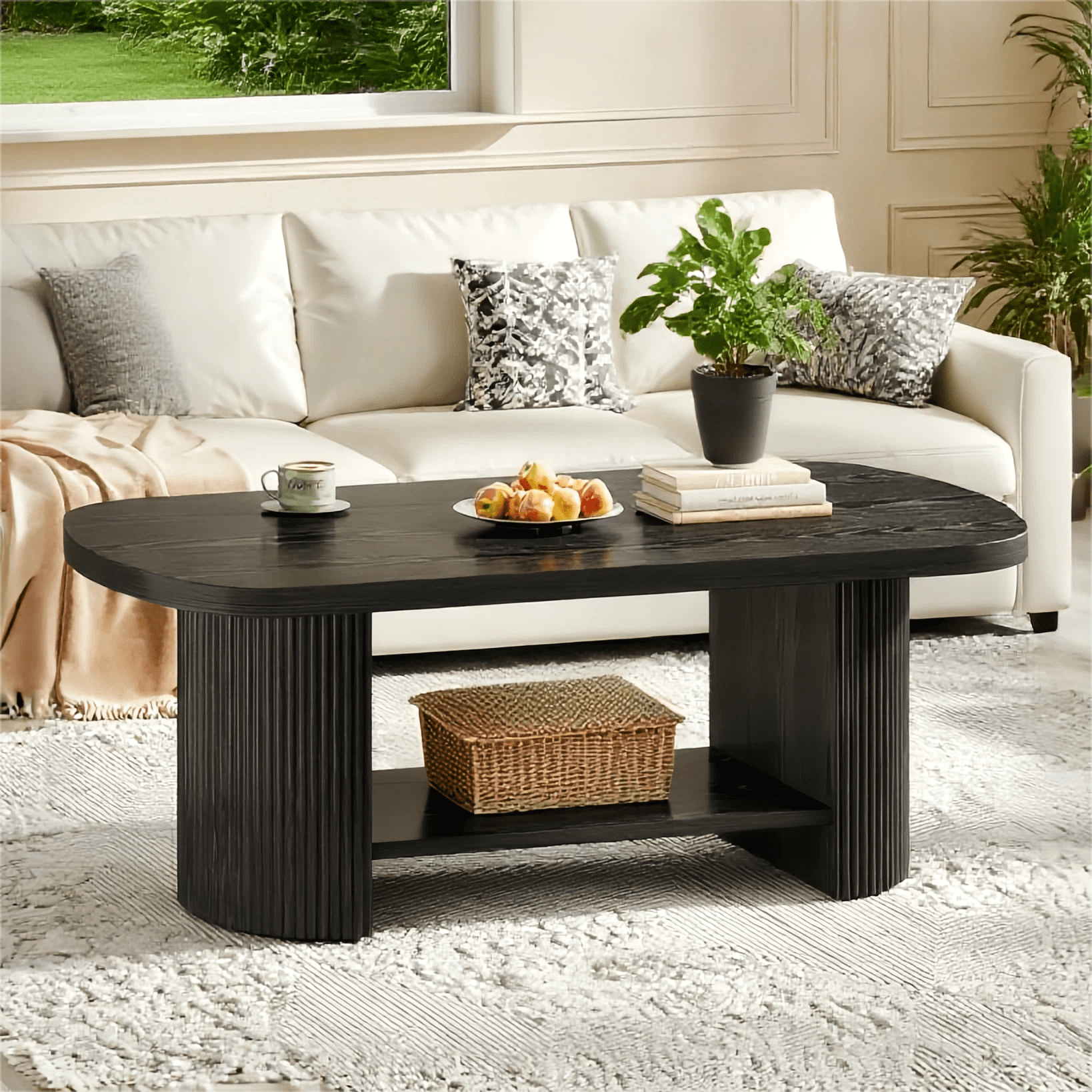 Fnova 45.27" Oval Coffee Table, Farmhouse Modern 2-Tier Storage Accent Center Table With Wooden Dual Base For Living Room Bedroom Apartment, Easy Assembly,Black