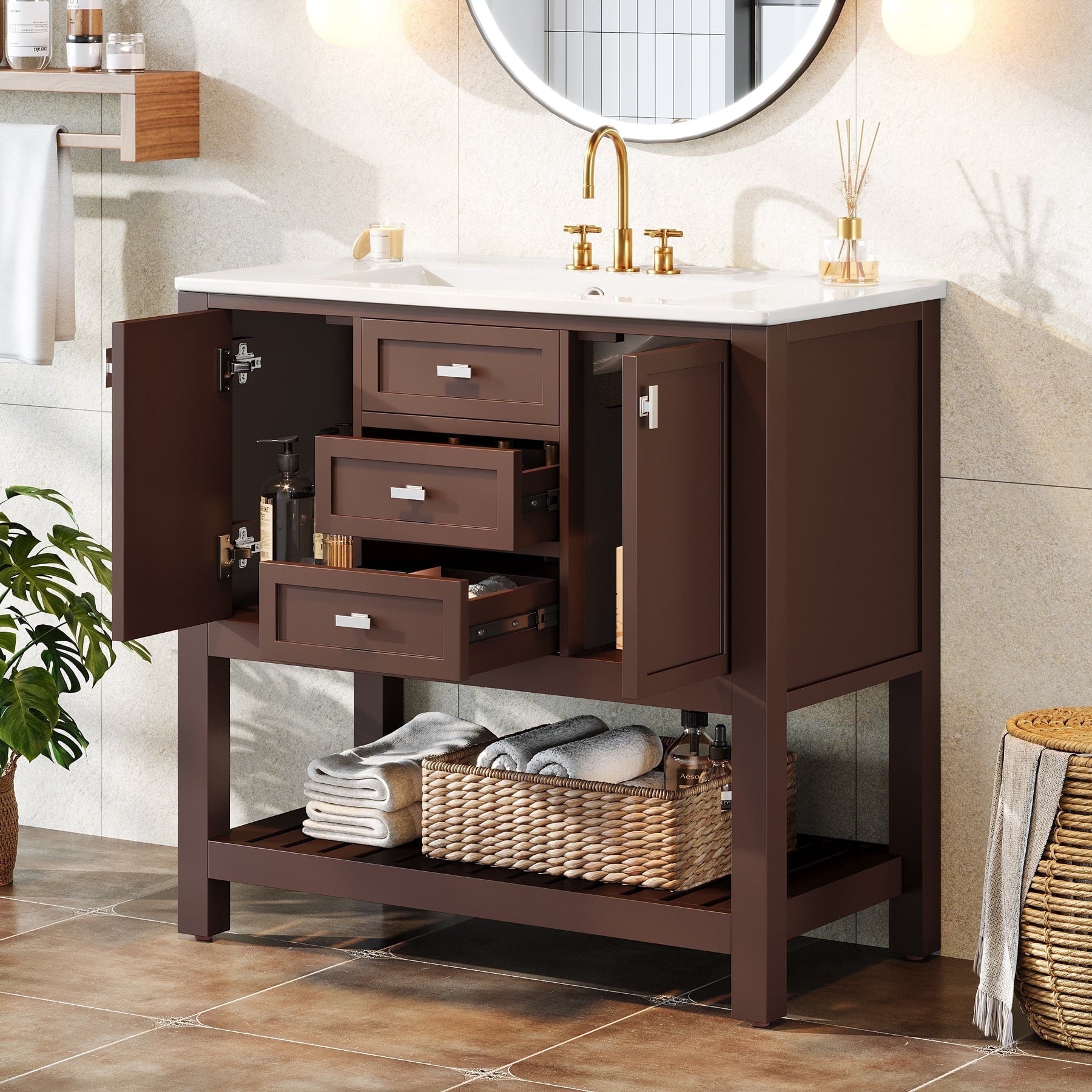 Fnova 36-Inch Bathroom Vanity with Sink, Modern Bathroom Sink Cabinet with 3 Drawers & 2 Doors, Bath Storage Vanity Sink with Metal Handles, Solid Wood Frame, Brown,WM011305M_ZF00011_US