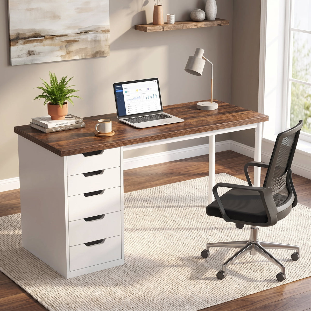 Fnova 47.24-Inch Computer Desk with 5 Drawers, Reversible File Cabinet, Writing Workstation for Home Office Bedroom Study Makeup Vanity Desk Furniture,WM010404C_BNW_Desk