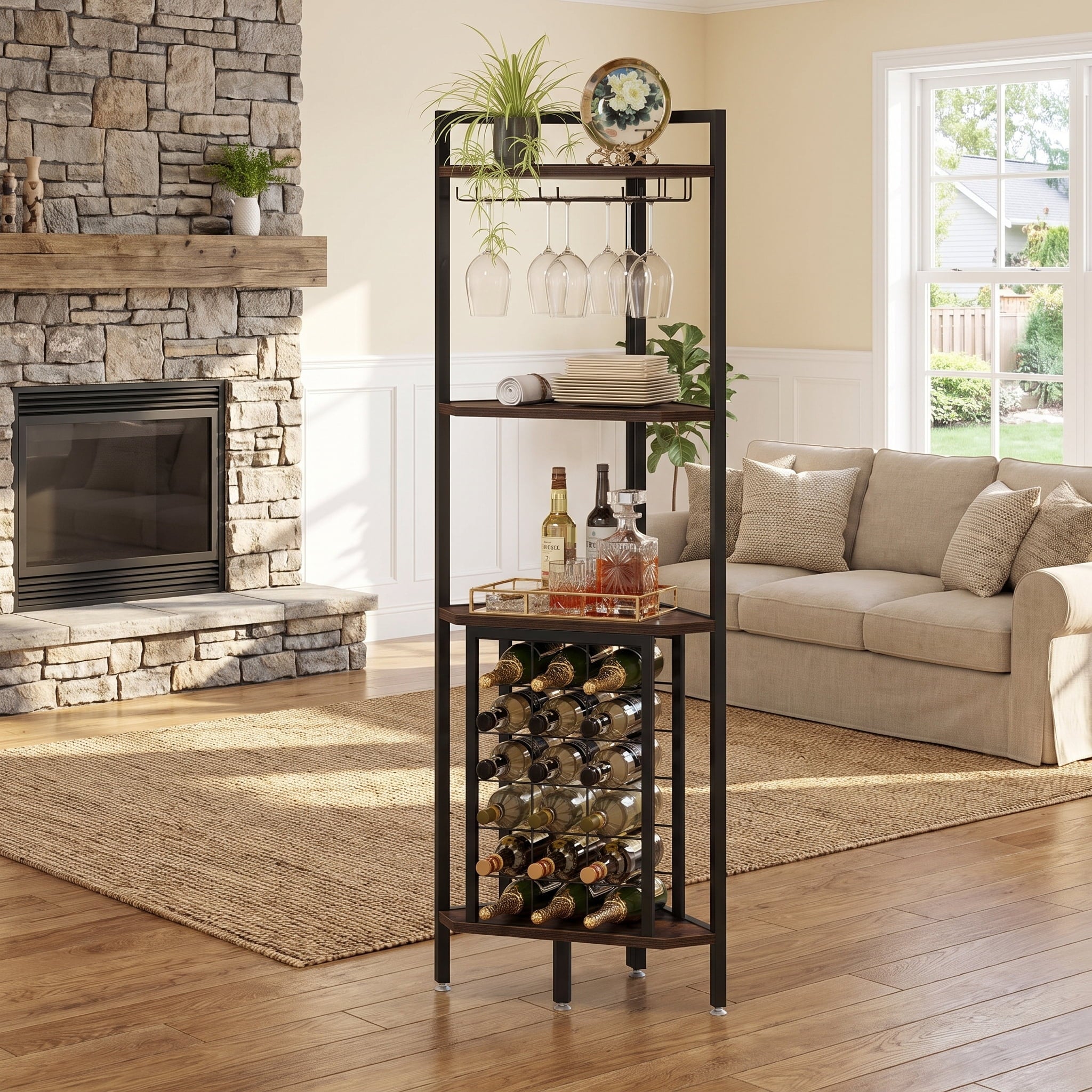 Fnova 63.38-Inch Corner Wine Rack, 18 Bottle Capacity Freestanding Wine Rack with 6 Glass Holder, 3-Tier Storage Shelf for Kitchen Living Room Bar,WM010575_BNB_US