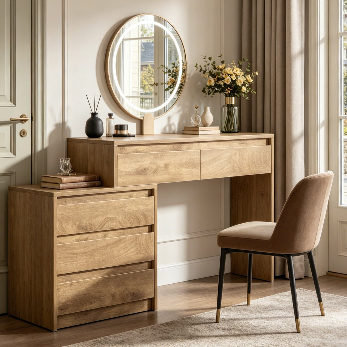 Fnova 63-Inch Vanity Desk with 5 Drawers, Bedroom Makeup Vanity Table, Removable 3-Drawer Chest, Solid Desktop Sturdy MDF Construction, for Bedroom, Vanity Room & Dressing Area,WM010451_BN_US