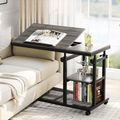 Fnova Mobile Side Table with Wheels, Snack Tray, Height-Adjustable C-Shape Desk, Tiltable Drawing Board, Laptop Stand, Storage Shelves for Living Room, Bedside Table for Couch,Gray