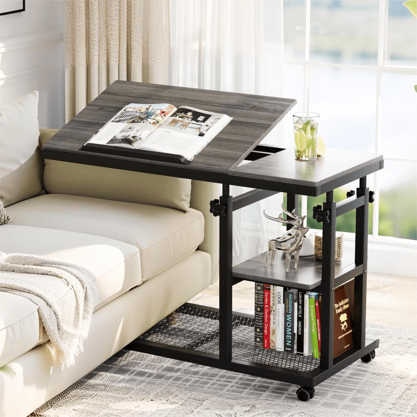 Fnova Mobile Side Table with Wheels, Snack Tray, Height-Adjustable C-Shape Desk, Tiltable Drawing Board, Laptop Stand, Storage Shelves for Living Room, Bedside Table for Couch,Gray