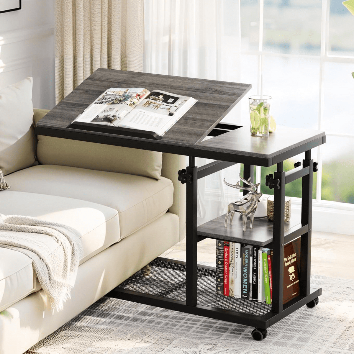Fnova Mobile Side Table with Wheels, Snack Tray, Height-Adjustable C-Shape Desk, Tiltable Drawing Board, Laptop Stand, Storage Shelves for Living Room, Bedside Table for Couch,WM010116_G_Tables