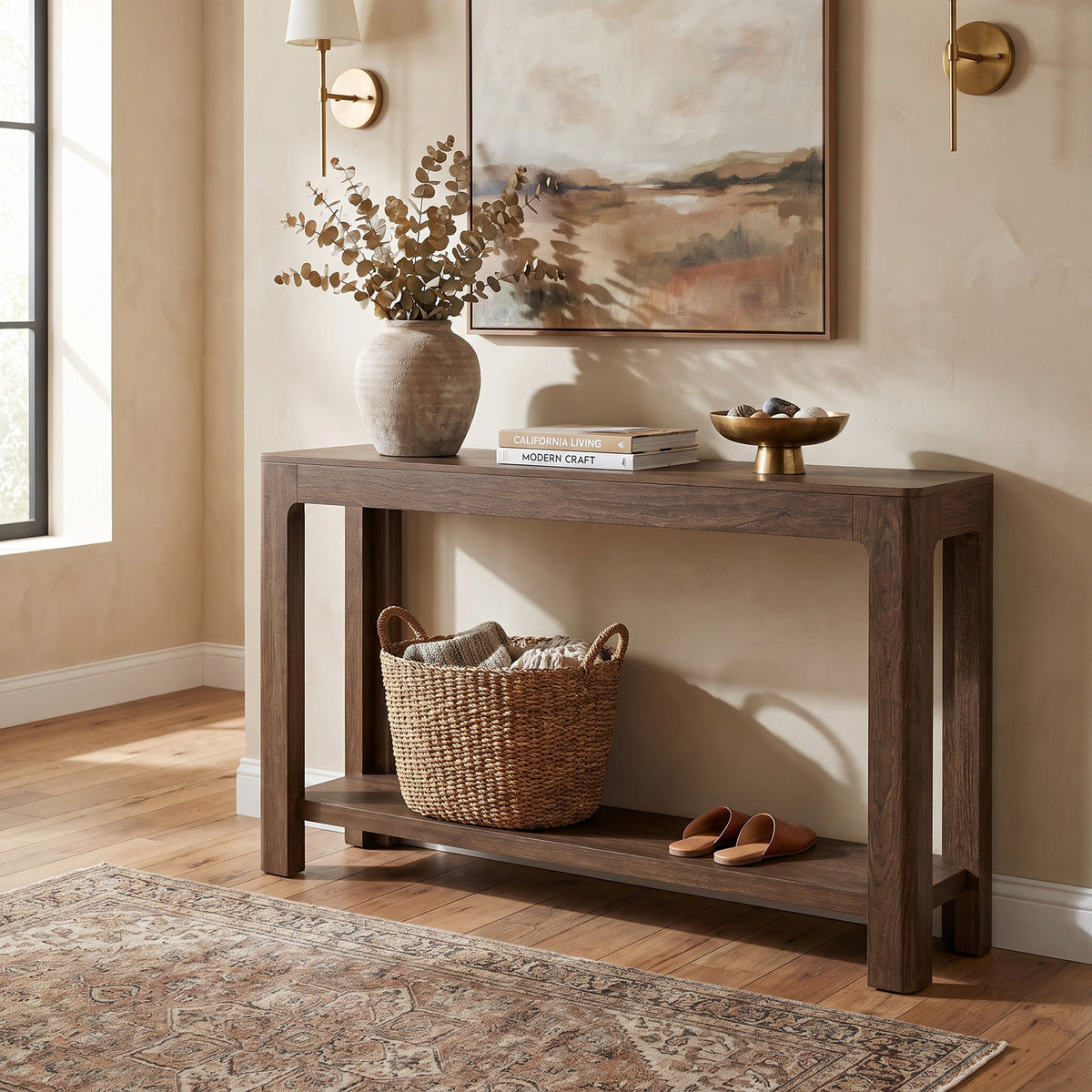 Fnova 63-Inch Farmhouse Console Table, 2-Tier Wood Entryway Table with Storage Shelf, Narrow Sofa Table for Living Room, Hallway, Foyer,WM010330_DBN_US
