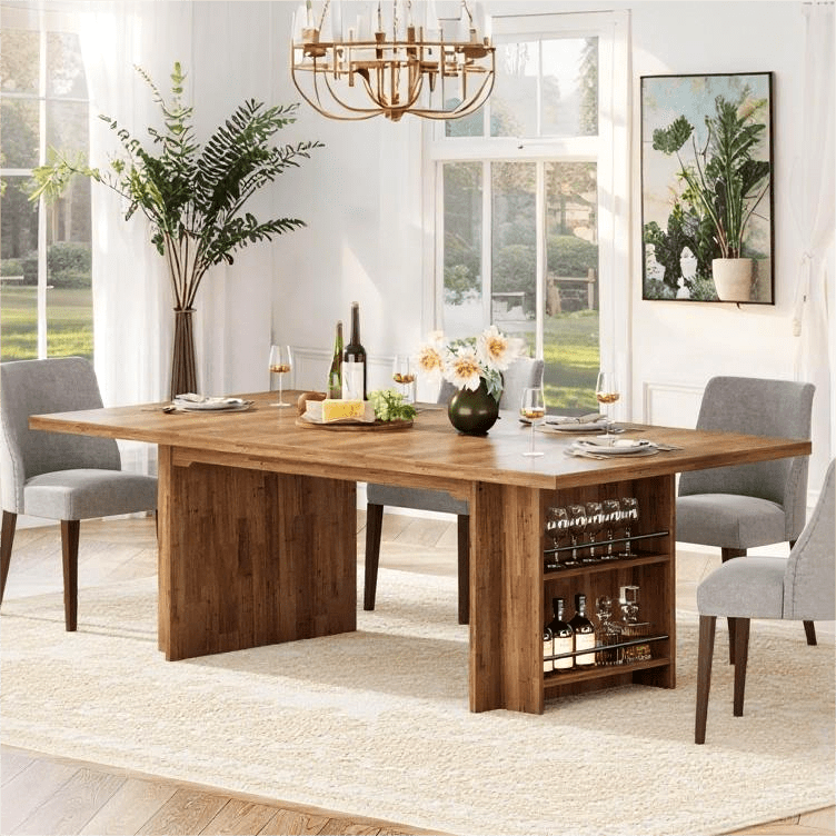 Fnova 62.99" Rectangular Dining Table for 4-6 People, Farmhouse Wood Kitchen Table with Side Storage Shelves, Heavy Duty Legs, Easy to Assemble,Light Brown