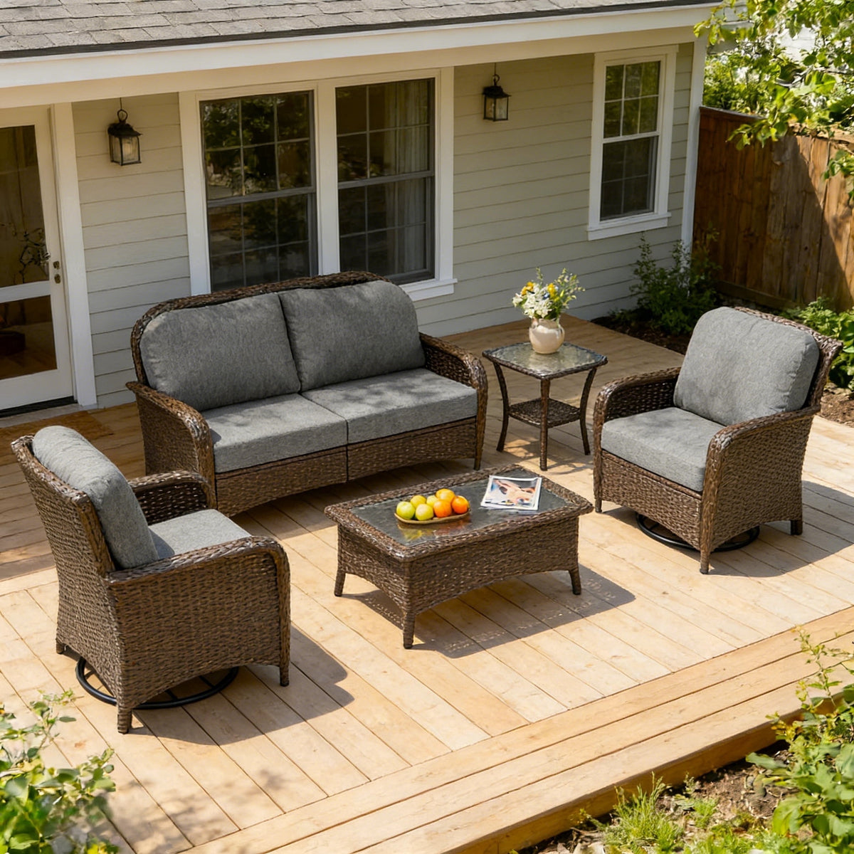 Fnova 5-Piece Outdoor Wicker Furniture Set with Loveseat, Swivel Chairs, Coffee & Side Table, High Back Thick Cushions, 400 lbs Capacity, Rust-Proof Patio Conversation Set for Balcony Porch Deck,WM011524_BL_US