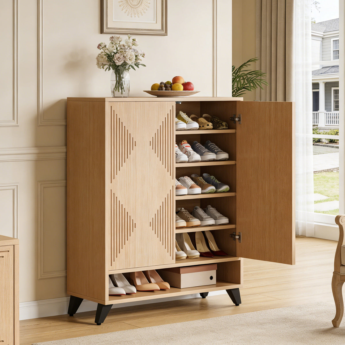Fnova 6-Tier Modern Rectangular Cabinet, Side Cabinet with Adjustable Shelves, Shoe Storage, Geometric Pattern & Rebound System, Easy Assembly for Entryway, Hallway, Living Room, Bathroom,WM011312_Y_Cabinet