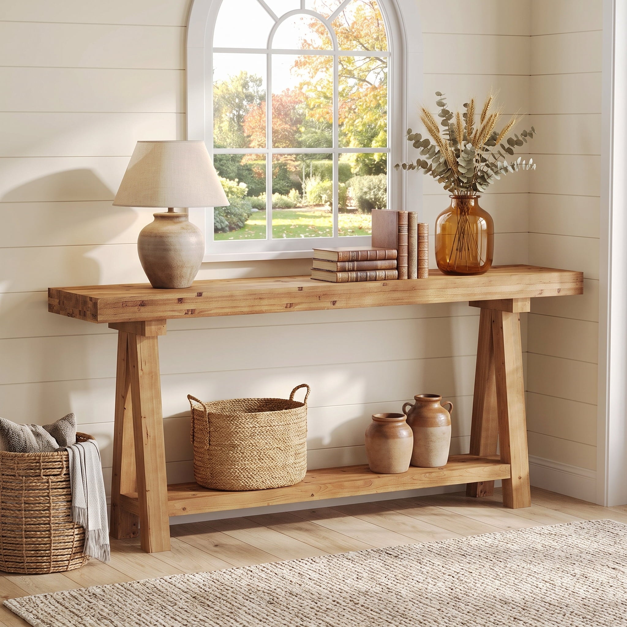 Fnova 70.9 Inch Solid Wood Console Table, Farmhouse 2-Tier Sofa Table Behind Couch with Storage Shelf for Living Room, Hallway, Foyer,WM010979_BN_US