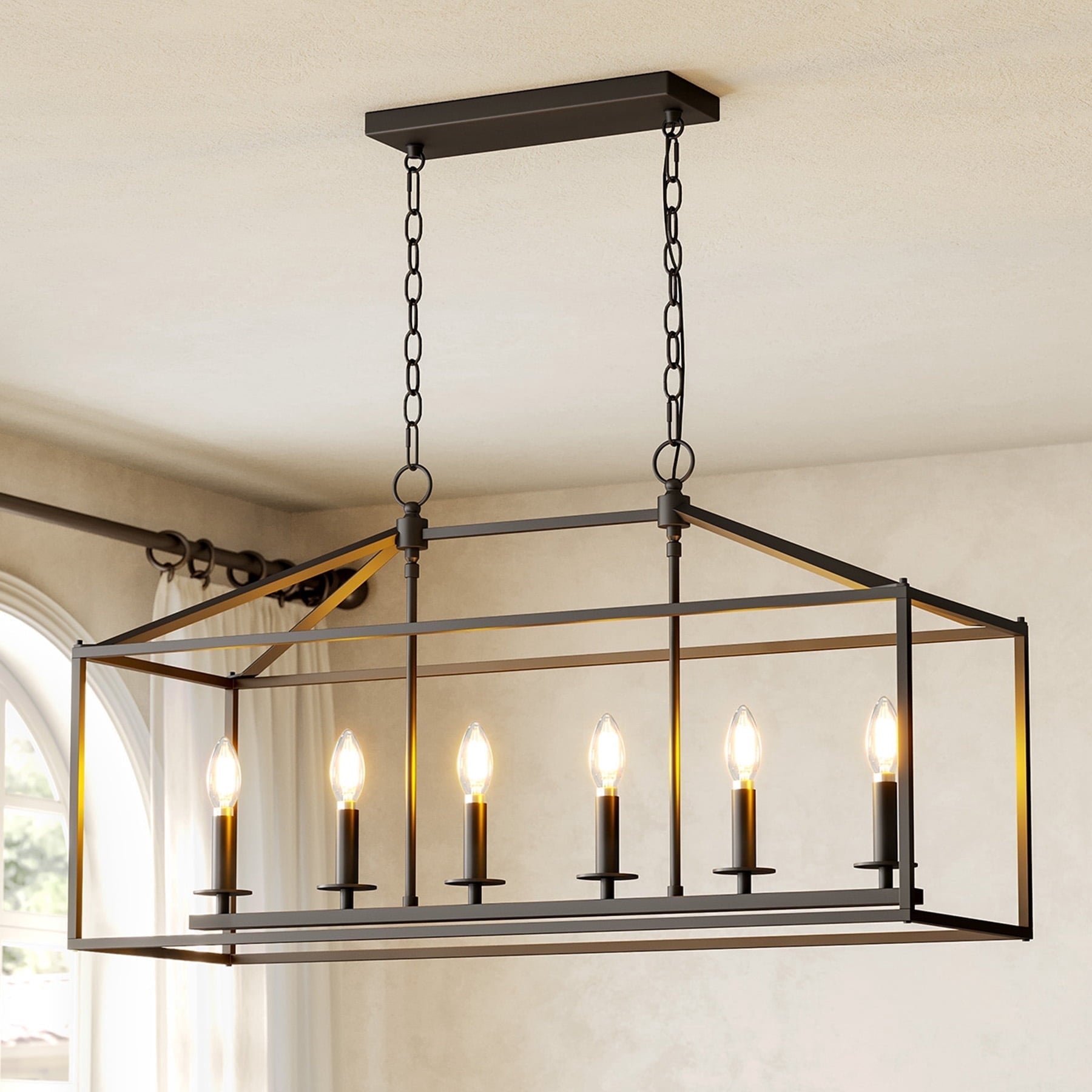 Fnova Farmhouse Dining Room Light Fixtures Over Table, 6-Light Candle Holder Kitchen Island Pendant Lighting, Industrial Linear Chandelier Pendant Lights with Adjustable Iron Chain, Black,WM011114M-B-Light