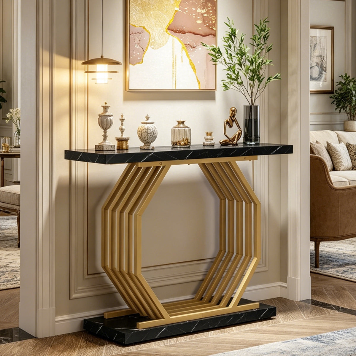 Fnova 40-Inch Console Table, Faux Marble Entryway Table, Narrow Sofa Table with Geometric Metal Frame, Modern Accent Table for Living Room, Hallway, Foyer,WM010376_BG_US