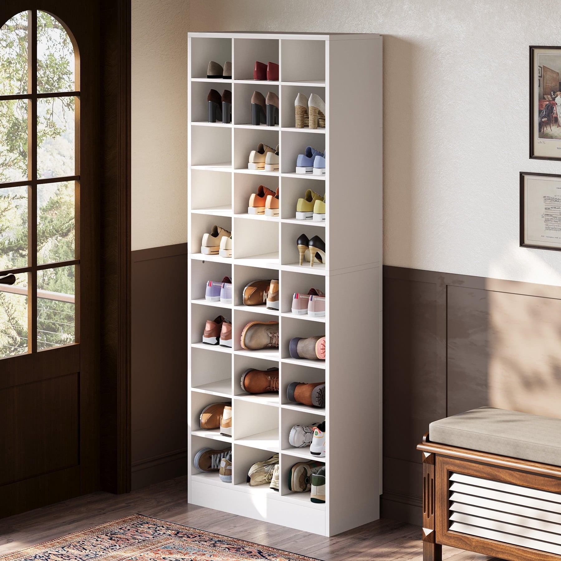 Fnova 71" Storage Shelf, Modern Freestanding Wooden Bookshelf, 30-Cubby Shoe Cabinet With 8 Adjustable Shelves, Large Open Bookcase Display Organizer for Living Room, Bedroom, Home Office, White,White