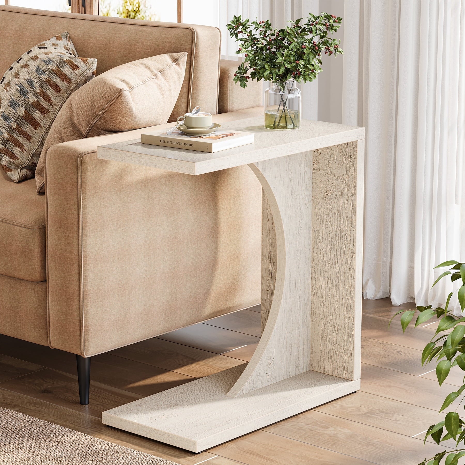 Fnova End Table Farmhouse C-shaped Side Table, Narrow Wooden Sofa Table with Space-Saving Design, Modern Bedside Table, Easy Assembly, Corner Table for Living Room, Bedroom, Nightstand, White,White