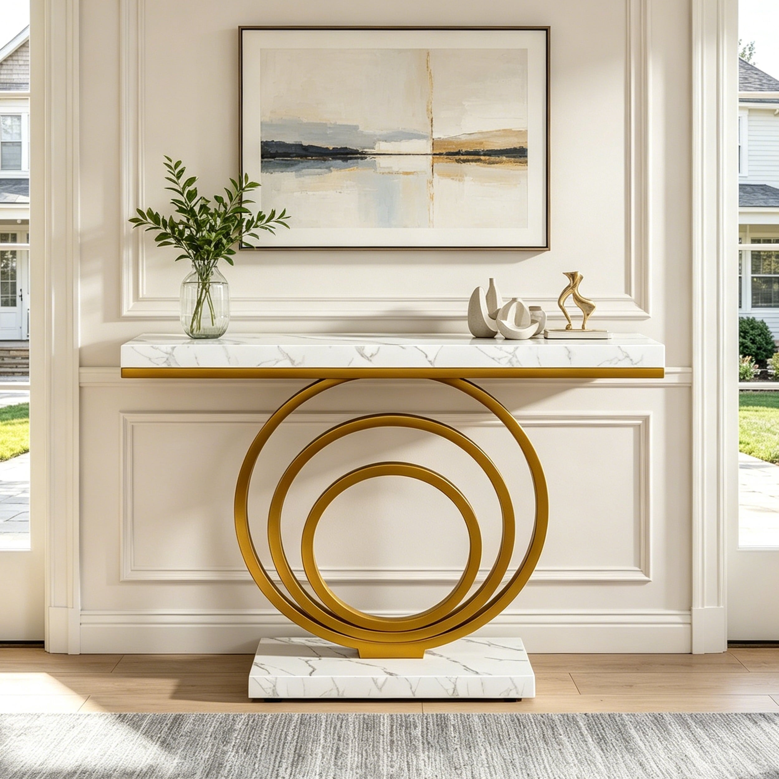 Fnova 41-Inch Modern Console Table, Gold & White Geometric Entryway Table with Faux Marble Top, Contemporary Narrow Sofa Table for Living Room, Hallway,WM010385_WG_US