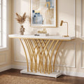 Fnova 59-Inch Modern Console Table, Gold & White Grid Frame Entryway Table with White Faux Marble Top, Long Narrow Sofa Table for Living Room, Hallway,WM010934_WG_US