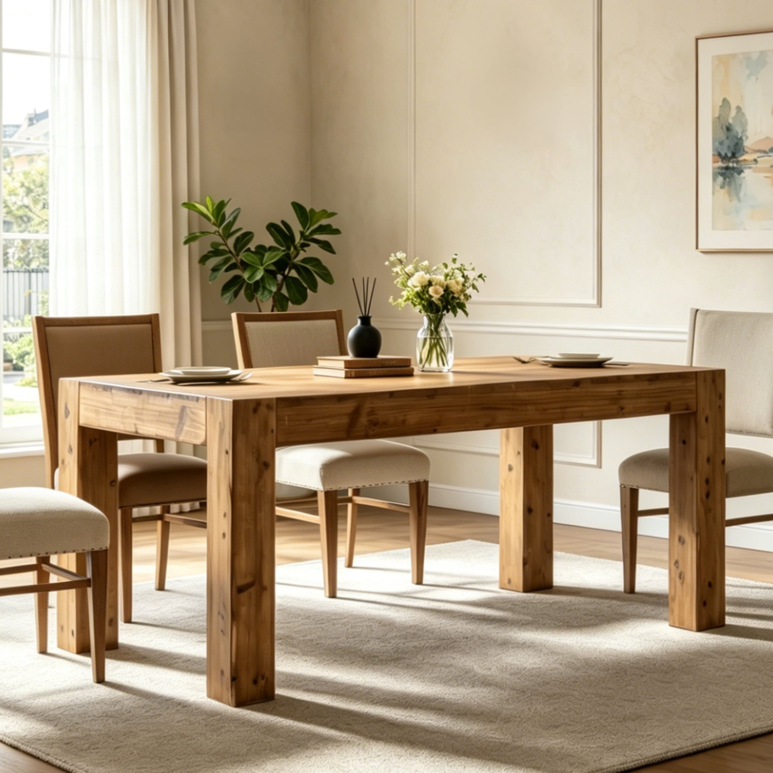 Fnova 63-Inch Solid Wood Farmhouse Dining Table for 4-6 People, Rectangle Wooden Kitchen Table, Heavy Duty Dinner Table for Dining Room, Kitchen, Living Room, Restaurant,WM010469_BN_US