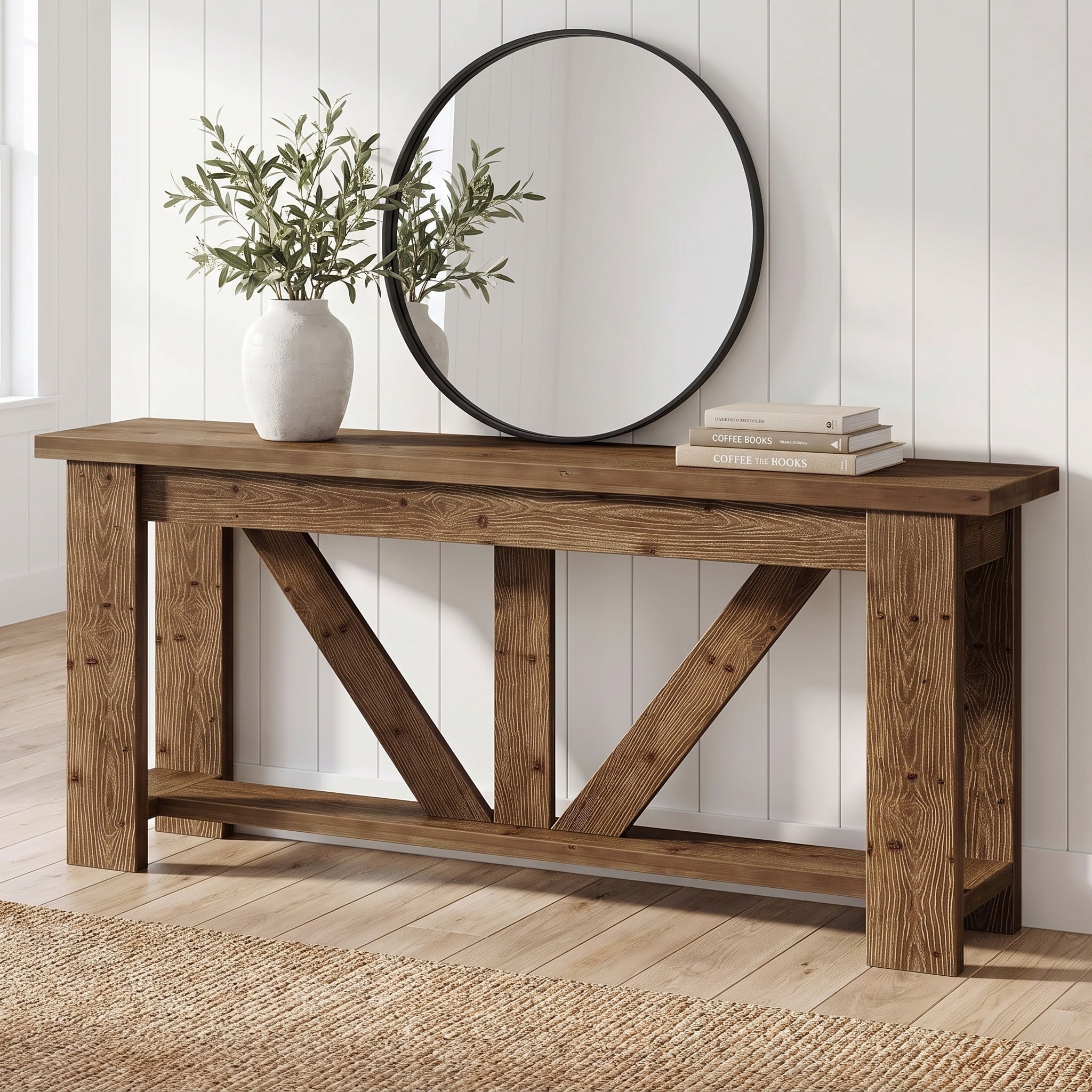 Fnova 70.9-Inch Solid Wood Farmhouse Console Table, 2-Tier Extra Long Entryway Table with Storage, Narrow Sofa Table for Living Room, Hallway, Foyer,WM010928_BN_US