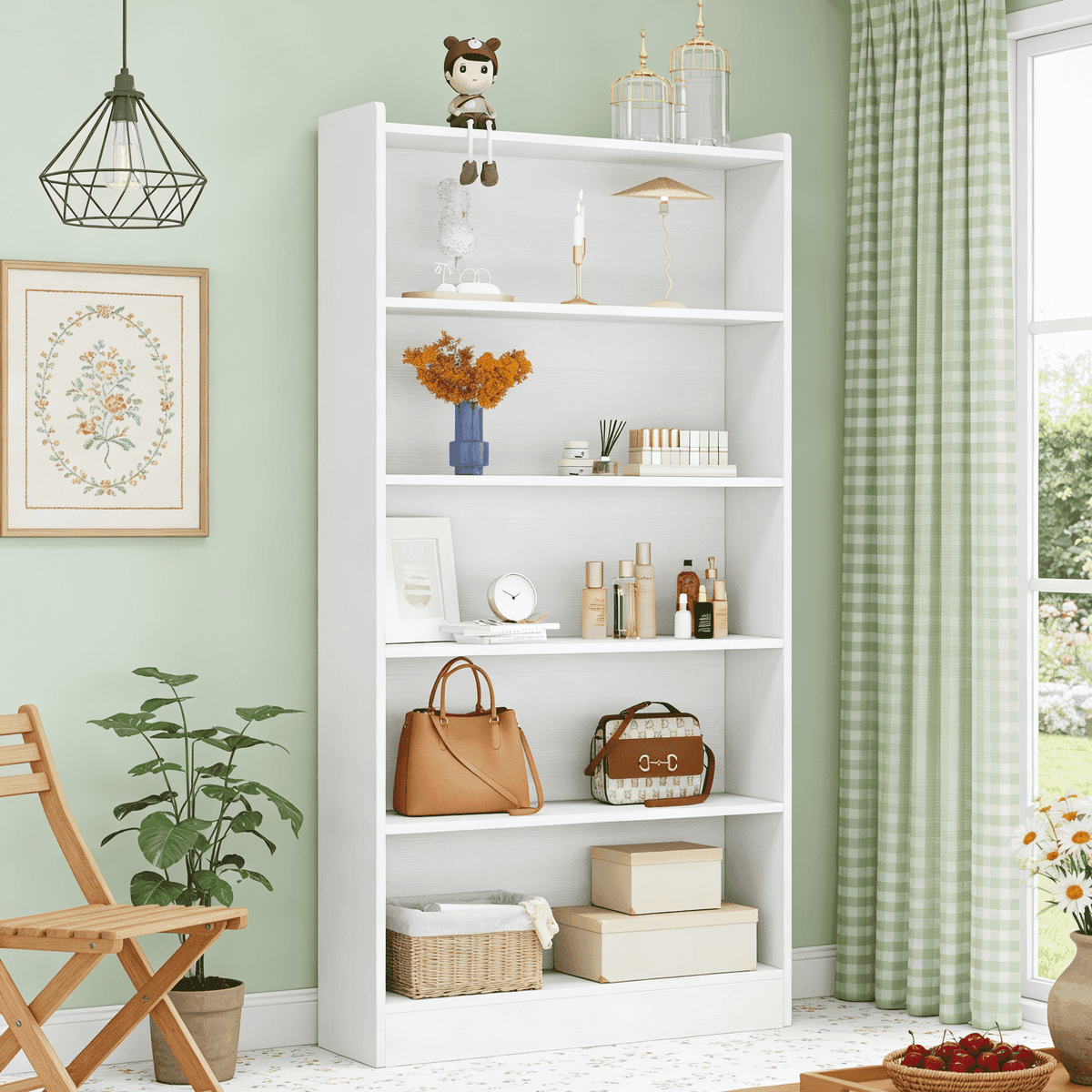 Fnova Modern 72-Inch 6-Tier Storage Shelf, Wooden Shelving Unit, Closed Back & Side Panels for Living Room/Kitchen/Home Office, Easy Assembly,WM010537_W_Shelf