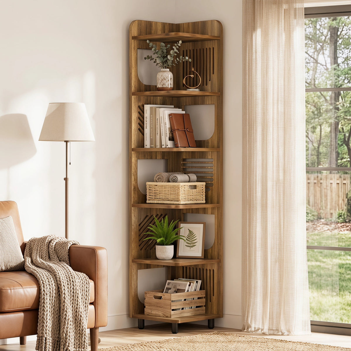 Fnova 71-Inch 6-Tier Tall Corner Bookshelf, Rustic Wooden Narrow Corner Bookcase with Artistic Square Rack, Freestanding Display Storage Shelf for Space-Saving Home Organizing,WM010521_BN_Shelf