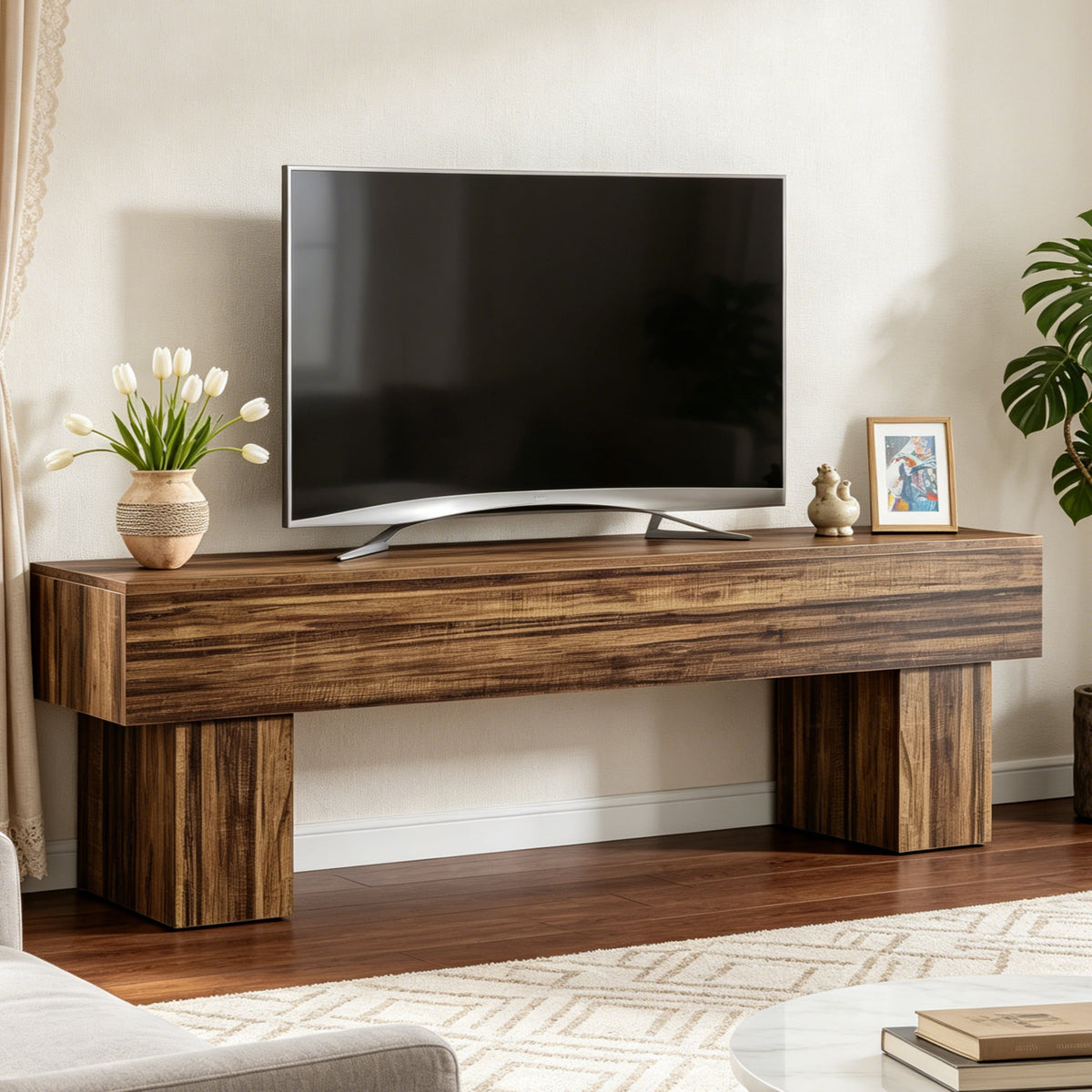 Fnova 63-Inch TV Stand, Farmhouse Wood Entryway Bench, Dining Bench, Multi-Functional Console Table for Living Room, Hallway, Bedroom,WM011333_BN_US