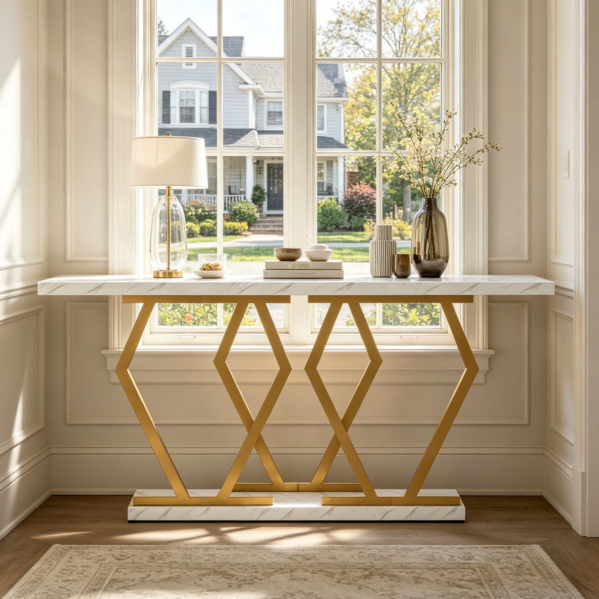 Fnova 70.9-Inch Console Table, Modern Entryway Table with Faux Marble Tabletop, Long Extra Long Sofa Table with Storage Shelf, Geometric Metal Frame for Living Room, Hallway, Foyer,WM010377_WG_US
