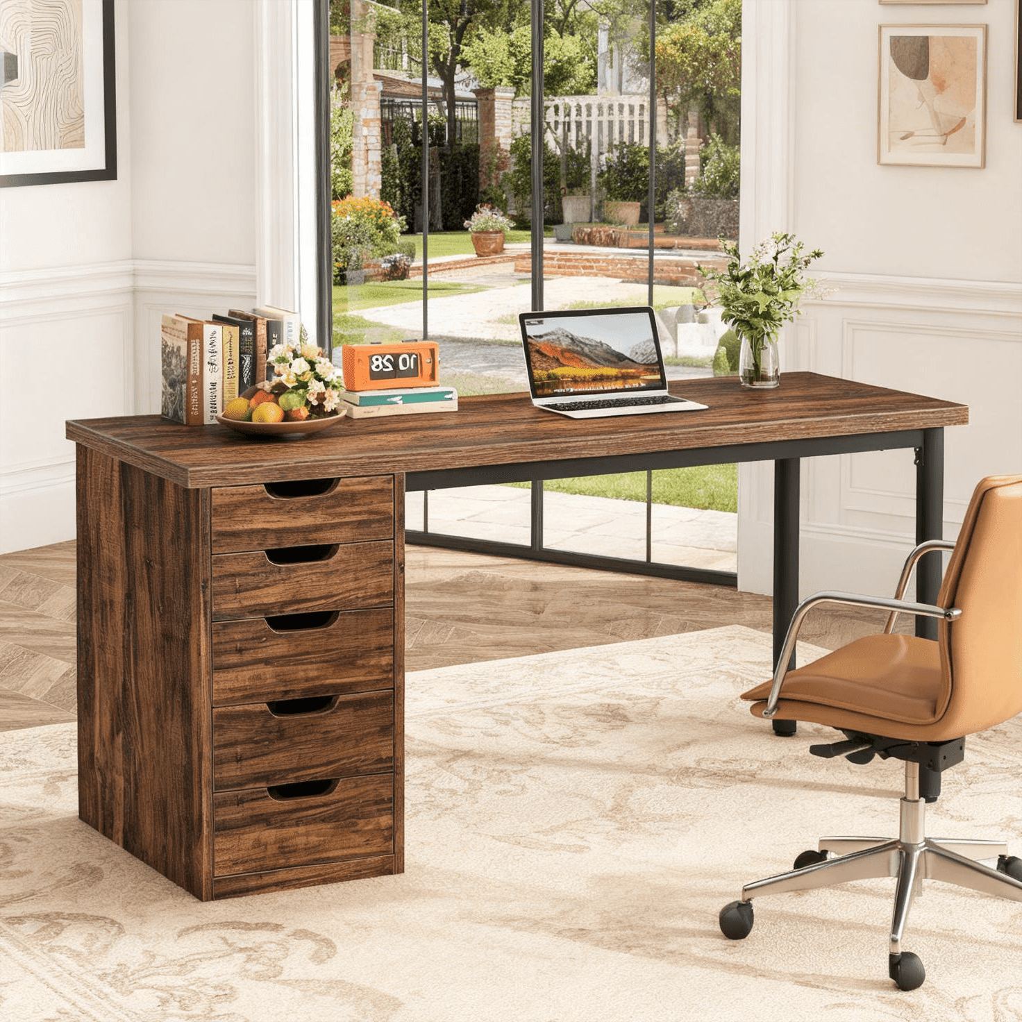 Fnova 47.24" Computer Desk with 5 Drawers, Reversible File Cabinet, Writing Workstation for Home Office Bedroom Study Makeup Vanity Desk Furniture,Brown