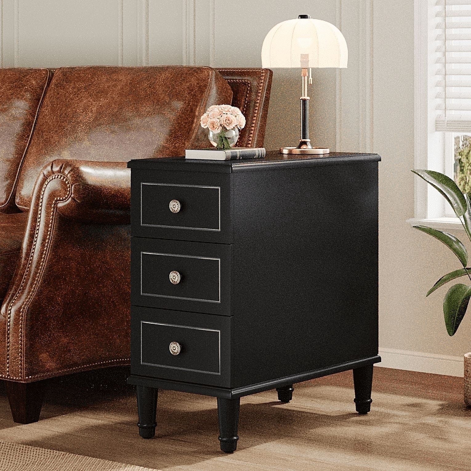 Fnova Side Tables with 3 Drawers, No Assembly Required, Narrow End Tables for Living Room, Nightstand Bedside Table for Bedroom, Black,Black