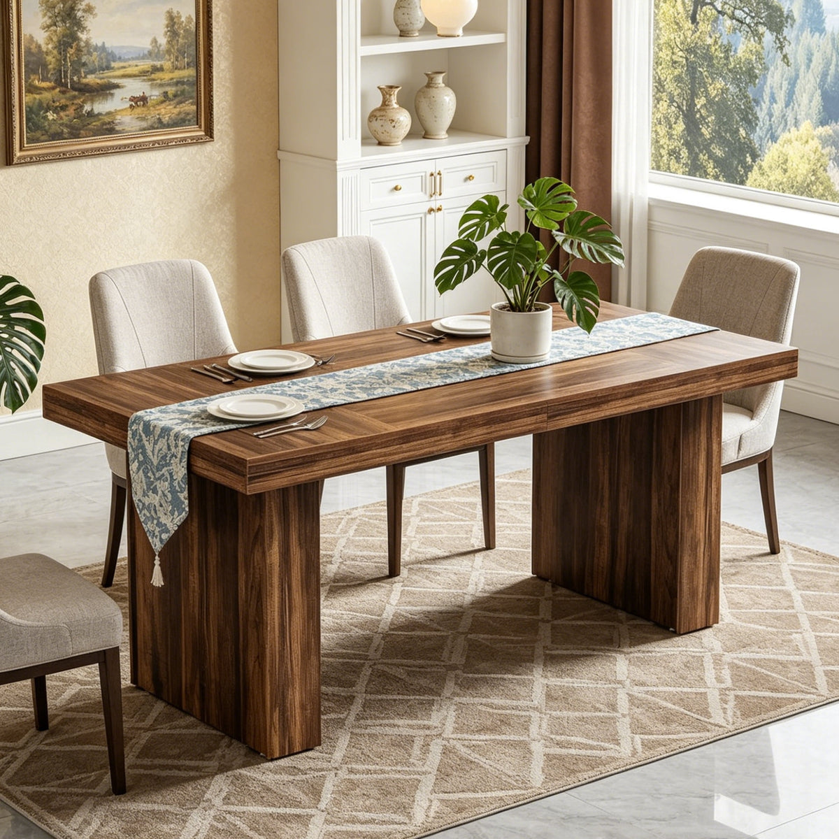 Fnova 63-Inch Farmhouse Dining Table for 6 People, Fluted Line Extendable Dinner Table, for Dining Room, Living Room & Kitchen,WM010457_DBN_US