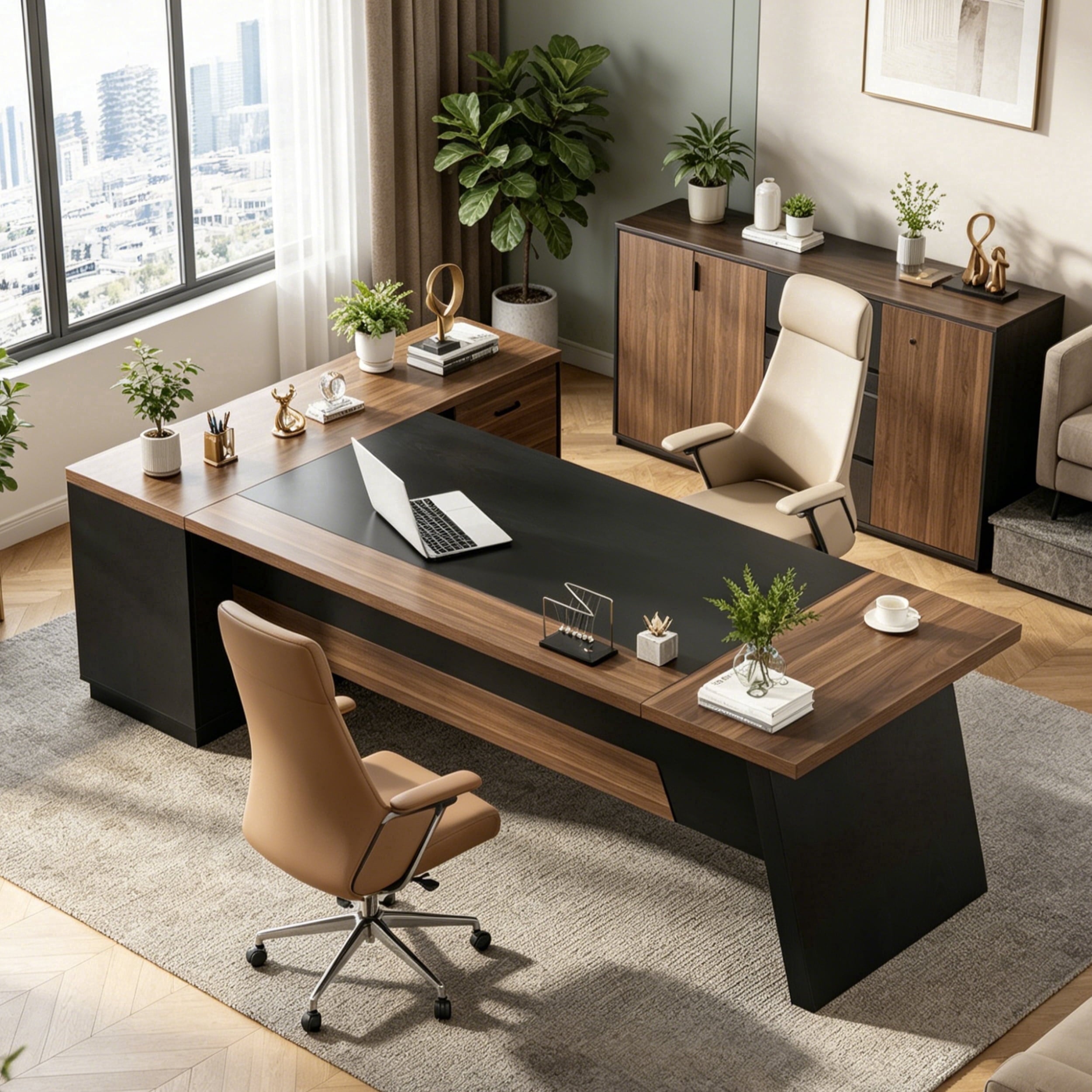 Fnova 78" L-Shaped Executive Desk with Drawers, Large Office Desk with Storage, Modern Business Desk for Home Office and Commercial Use,Light Walnut