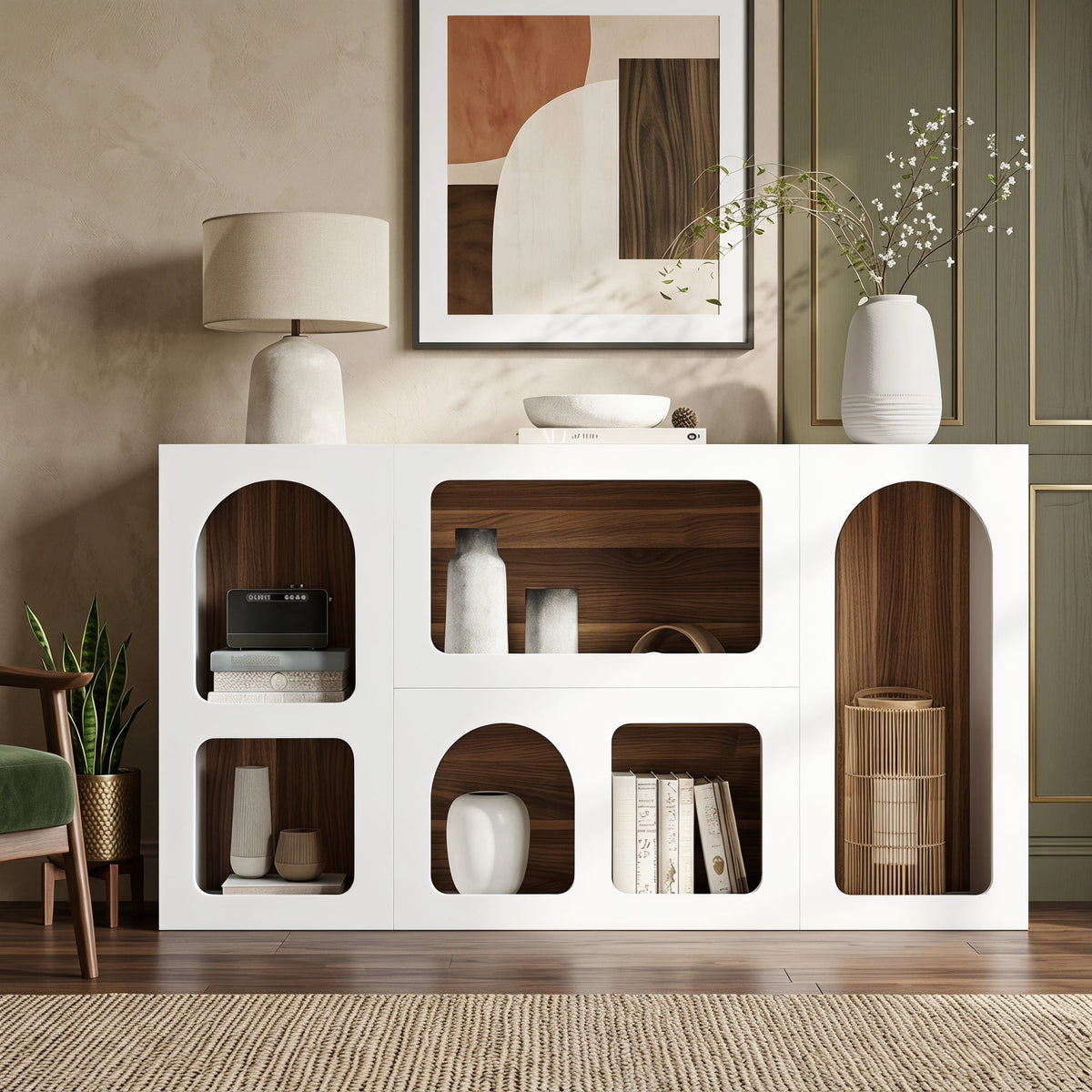 Fnova 59-Inch Entryway Cabinet with Arch Open Storage, Modern Hallway Storage Organizer Console Table, Home Decor Furniture for Living Room Foyer Corridor,WM010606_W_US