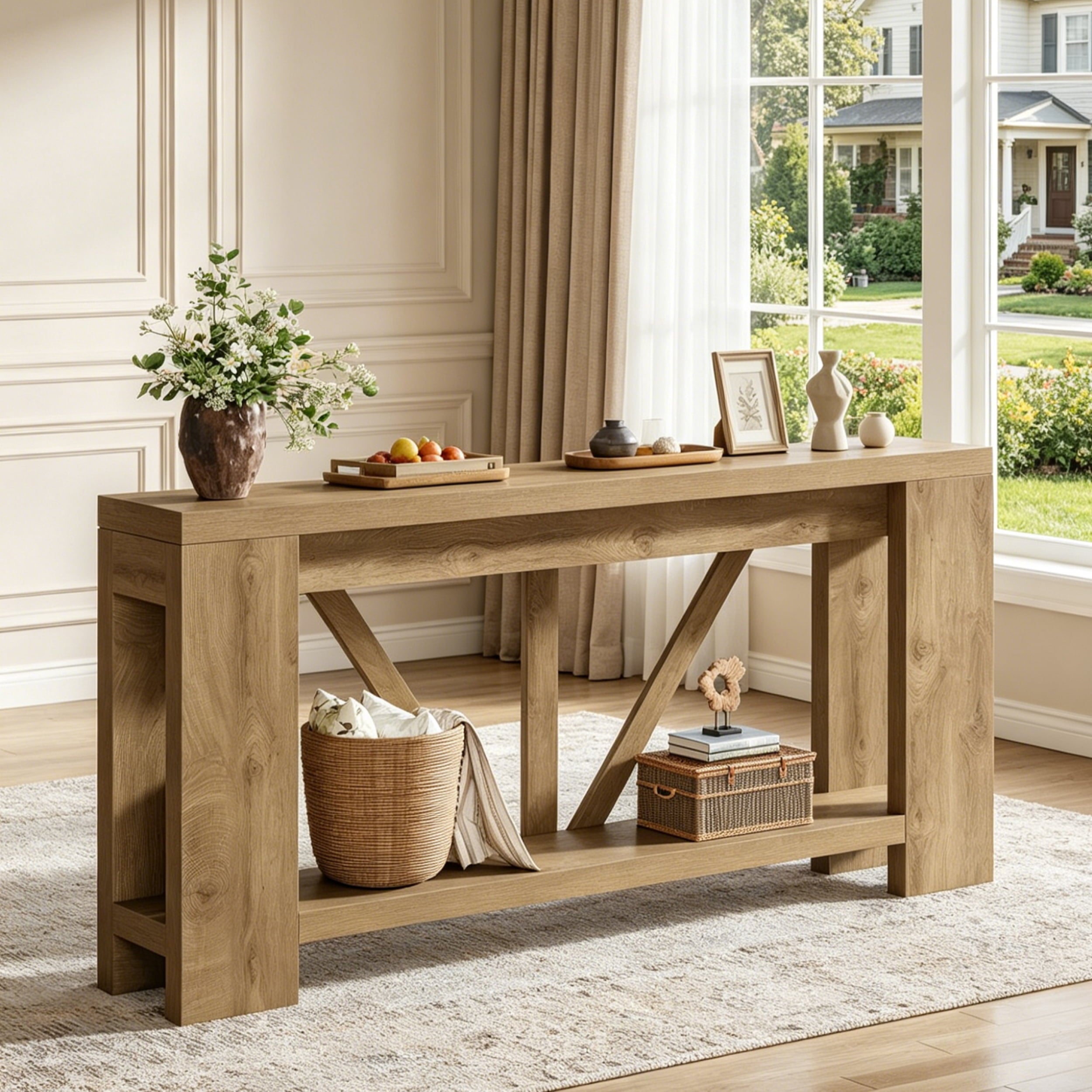 Fnova 70.9" Console Table, 2-Tier Farmhouse Entryway Table, Narrow Long Wood Sofa Table Behind Couch with V-Shaped Support for Living Room, Hallway, Foyer,Light Brown