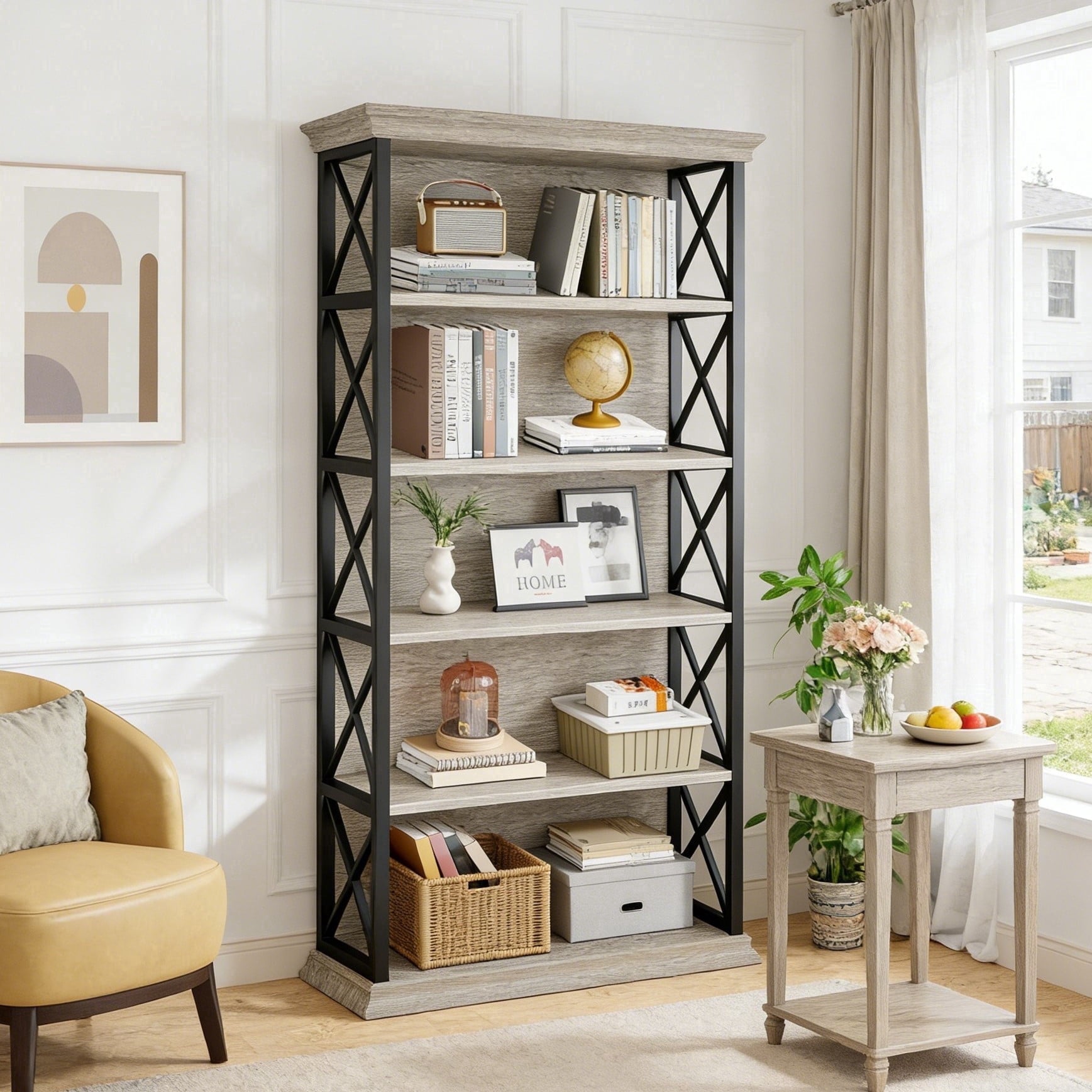 Fnova 71" 5-Tier Tall Bookshelf, Industrial Wood Bookcase with Metal Frame, Floor Standing Display Storage Shelves for Home Office, Living Room, Bedroom,Gray