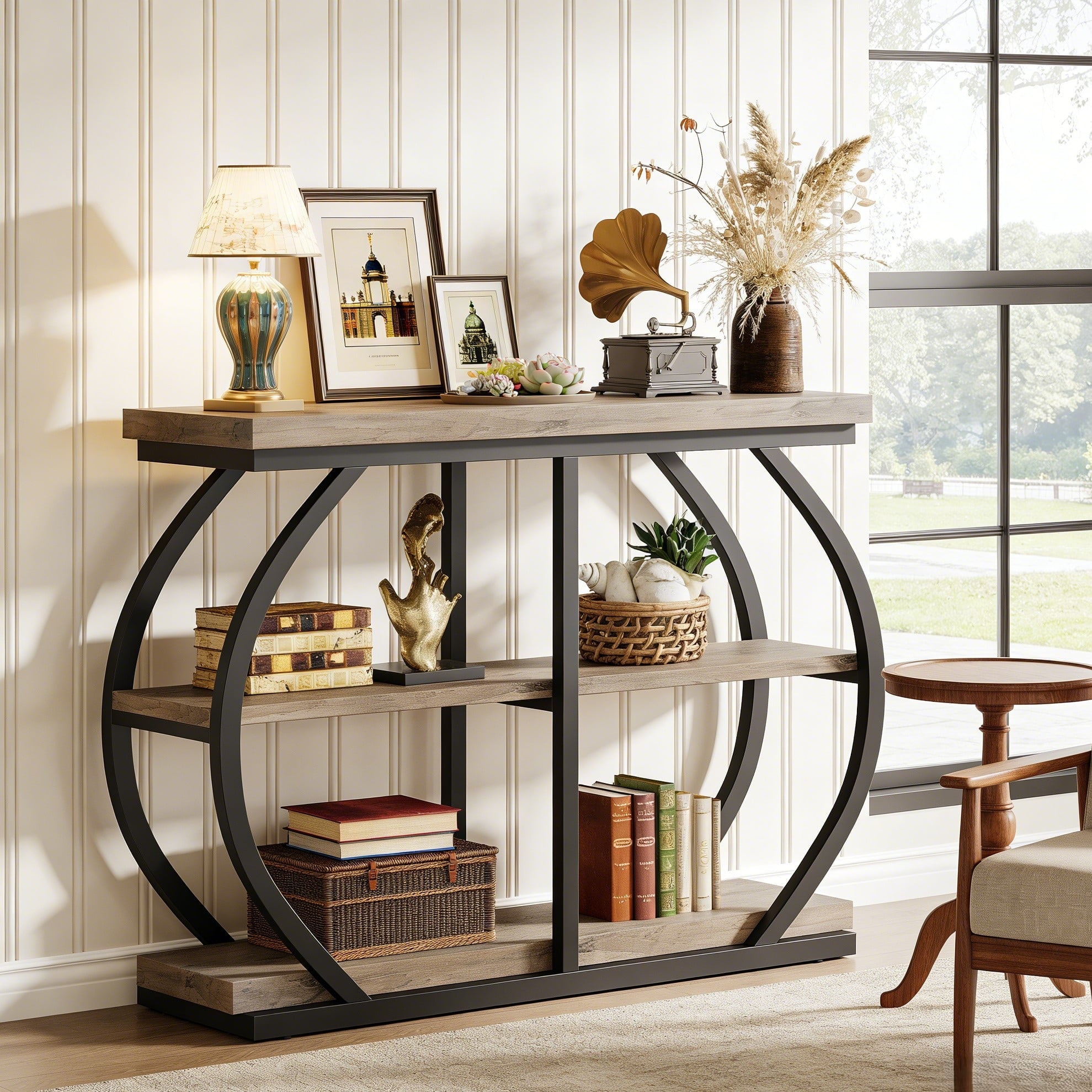 Fnova 41.3" Industrial Console Table, 3-Tier Entryway Table with Arched Metal Frame, Storage Shelves, Easy Assembly, for Living Room, Hallway,Gray