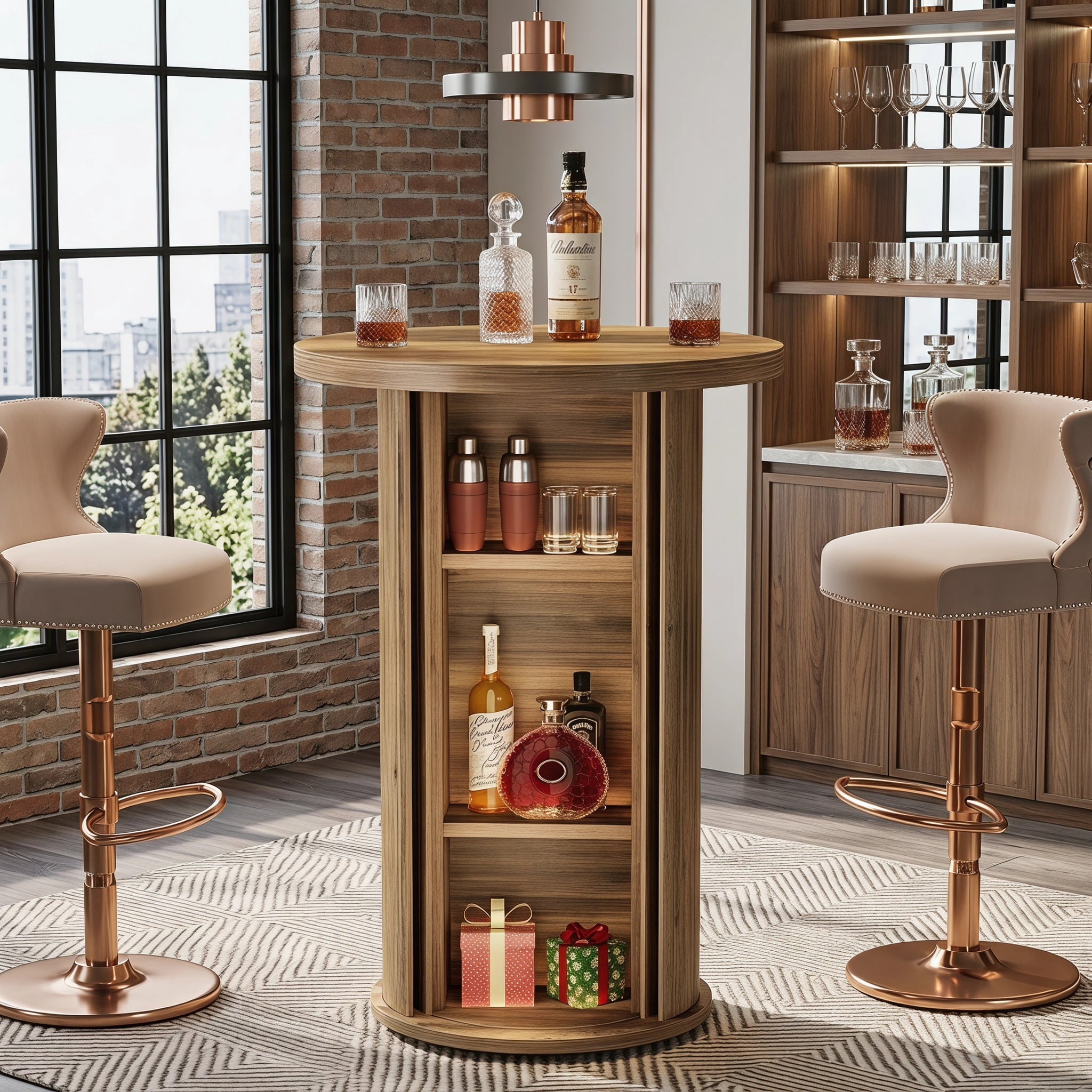 Fnova 23 Inch Round Counter Height Bar Table with 3-Tier Hidden Storage, Bar Table for Small Space Apartment Home Bar Cafe,WM010943_BN_US