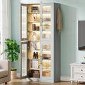 Fnova 66.93" Bookcase with Doors, 8 Tier Storage Cabinet with LED Lights for Living Room, Bedroom, Study, Gray,Gray