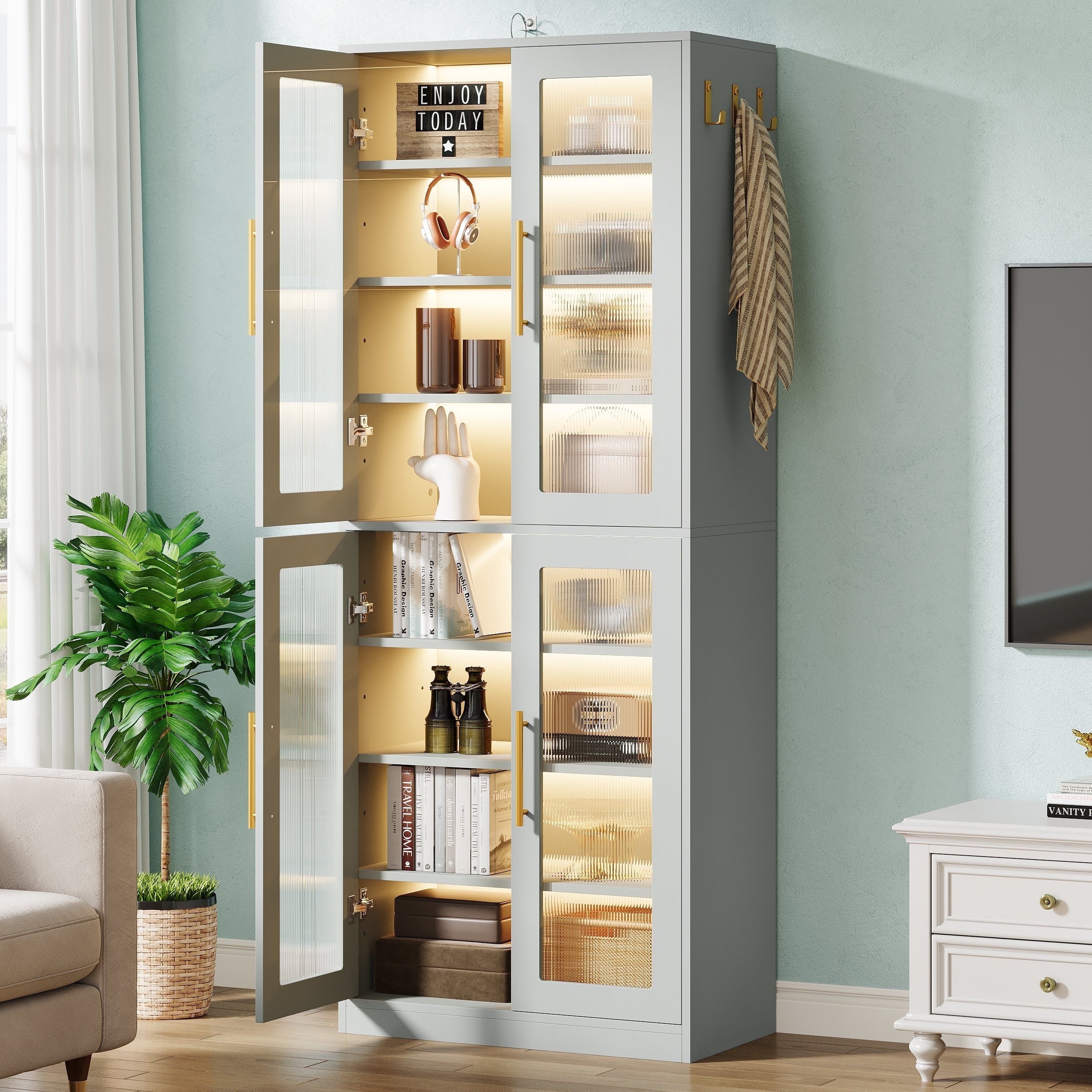 Fnova 66.93" Bookcase with Doors, 8 Tier Storage Cabinet with LED Lights for Living Room, Bedroom, Study, Gray,Gray