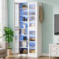 Fnova 66.93" Bookcase with Doors, 8 Tier Storage Cabinet with LED Lights for Living Room, Bedroom, Study, White,White