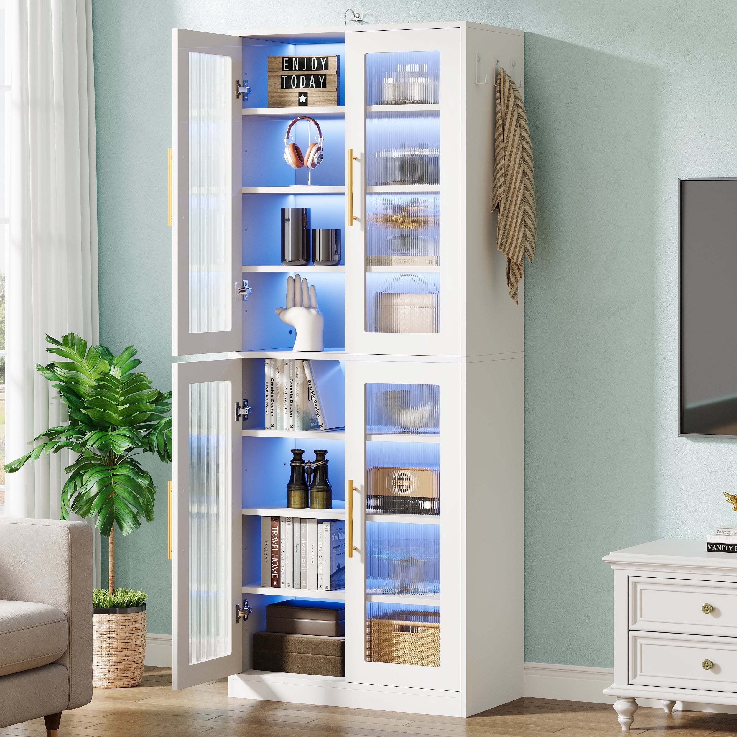 Fnova 66.93" Bookcase with Doors, 8 Tier Storage Cabinet with LED Lights for Living Room, Bedroom, Study, White,White