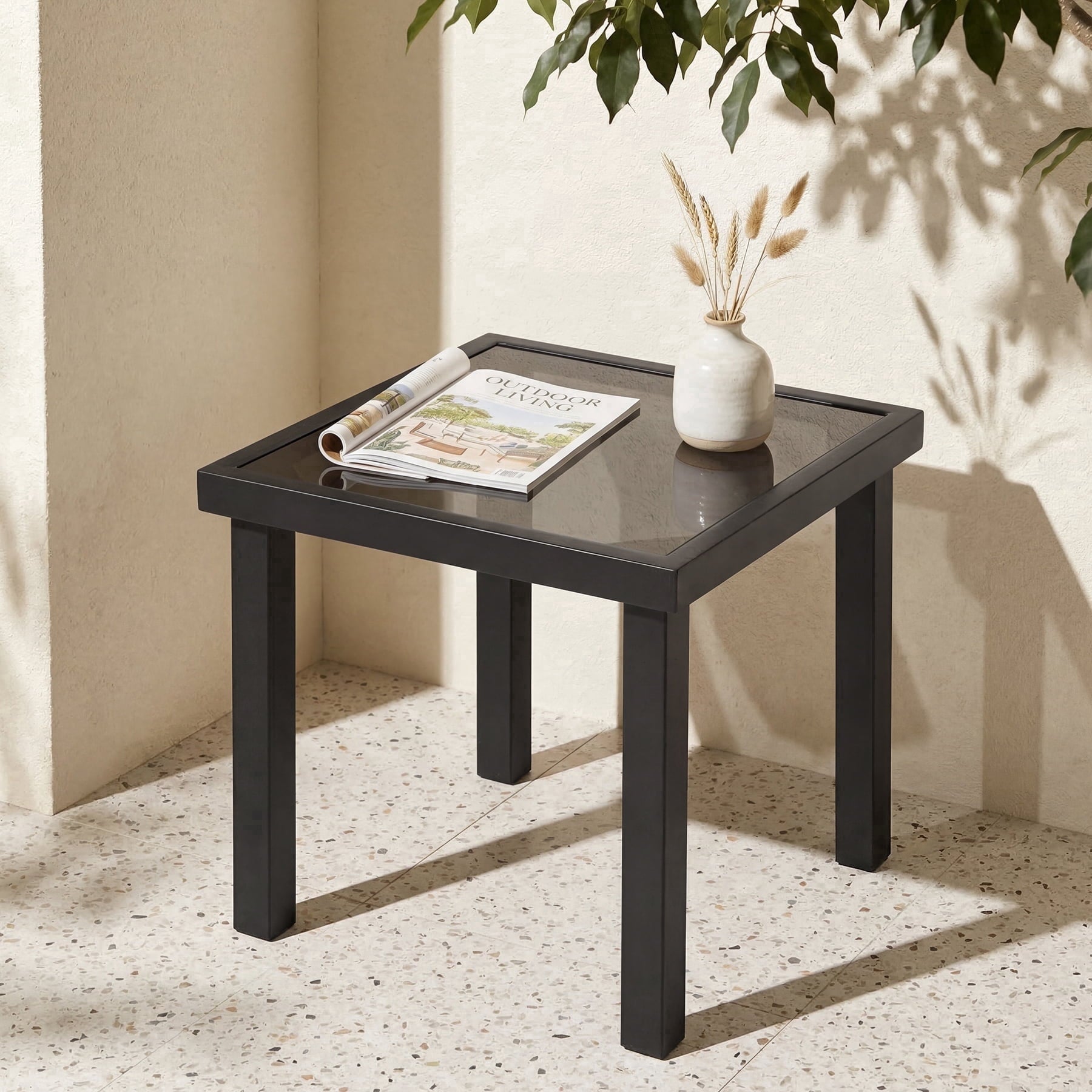 Fnova Outdoor Side Table, Small Patio Table with Tempered Glass Top, Heavy Duty Metal Frame, 220 LBS Weight Capacity, Modern Accent Table for Patio Balcony Garden Poolside,WM011502_B_US