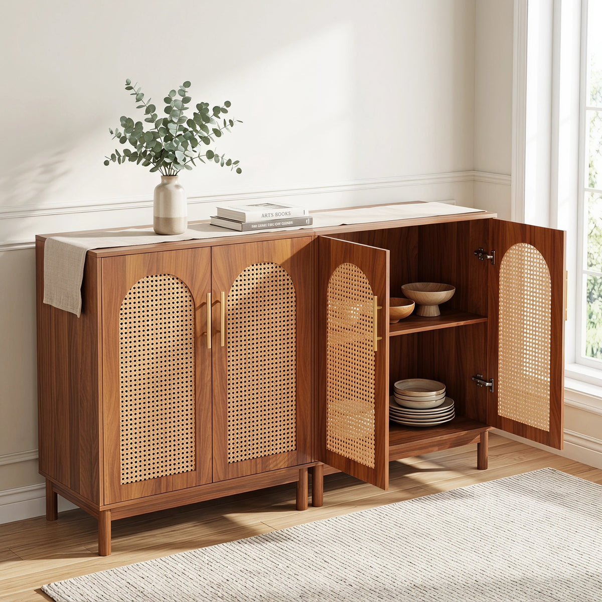 Fnova 59-Inch Cabinet, Rattan Sideboard Buffet Storage Cabinet with 4 Doors & Adjustable Shelves, Farmhouse Kitchen Buffet Table, Accent Cabinet for Living Room, Dining Room, Entryway,WM011334_BN_US